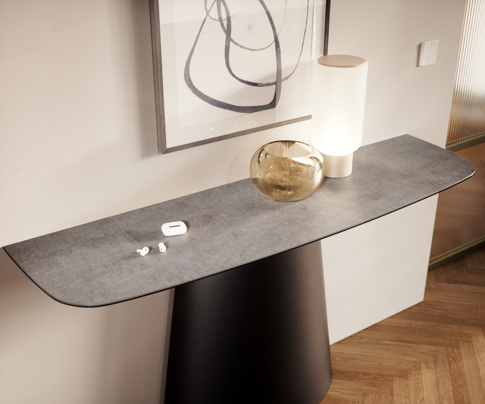 Konsola Edge w kształcie beczki 140x40 cm ceramika w kolorze betonowej szarości rama Conos metal czarny 6