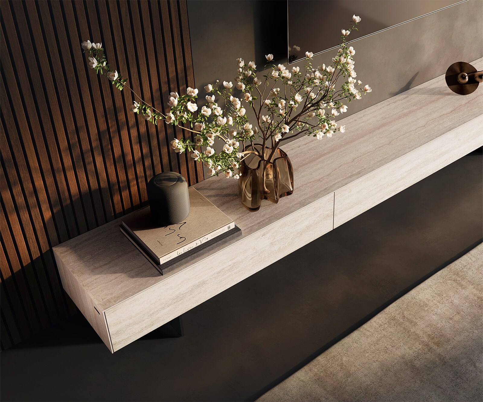 Szafka RTV Cuor 250 cm ceramika Laminam® Travertino Bianco kremowo-biała 1 klapa 1 szuflada nóżki wąskie czarny metal 4