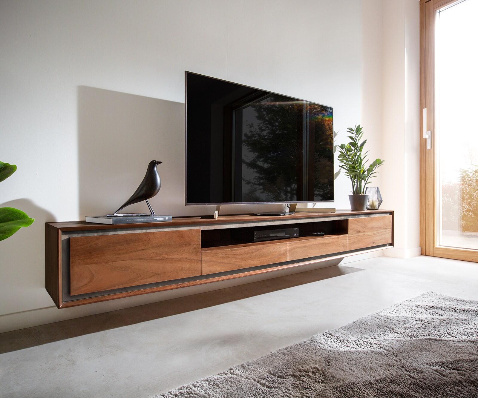 Szafka RTV Stonegrace 240 cm akacja brązowa 2 drzwi 2 szuflady 1 przegroda fornir kamienny podwieszana