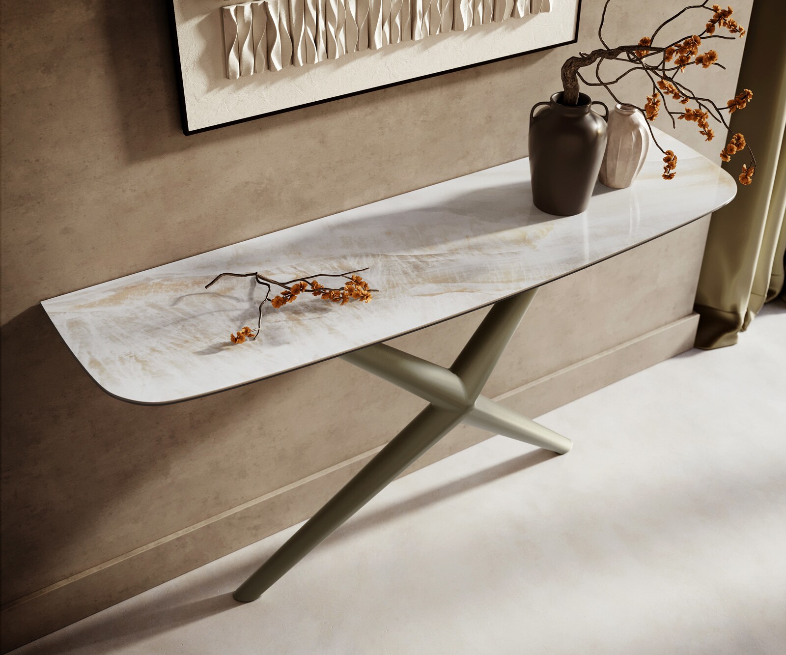 Konsola Edge w kształcie beczki 140x40 cm ceramika Onyx Pearl rama Estelo metal w kolorze tytanu 2