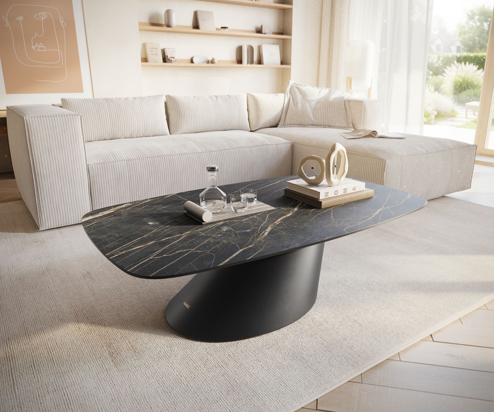 Stolik kawowy Edge w kształcie beczki 120x70 cm ceramika Laminam® Noir Desir brązowy Conis czarny metal 1