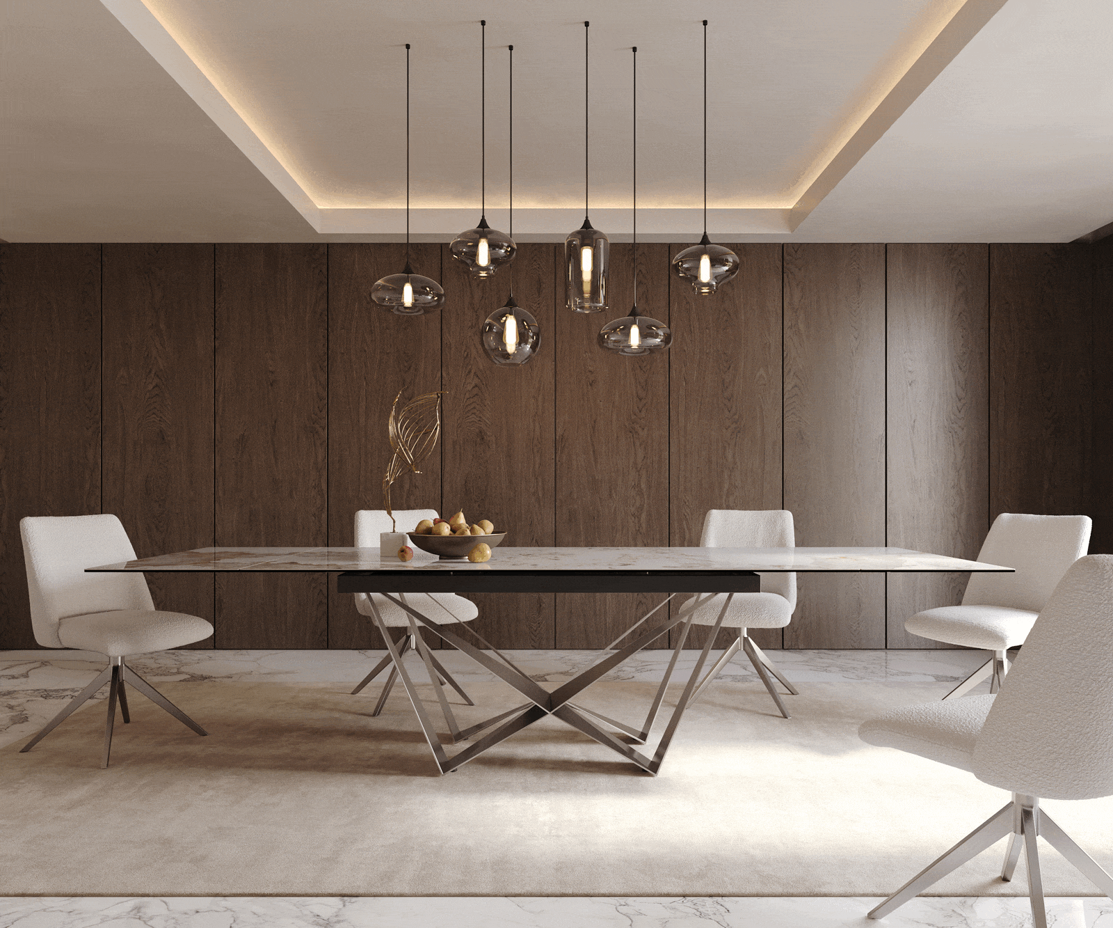 Stół do jadalni Edge 200-300x100 cm ceramika Minas Melange biało-beżowy rama Spider stal nierdzewna rozkładany 2