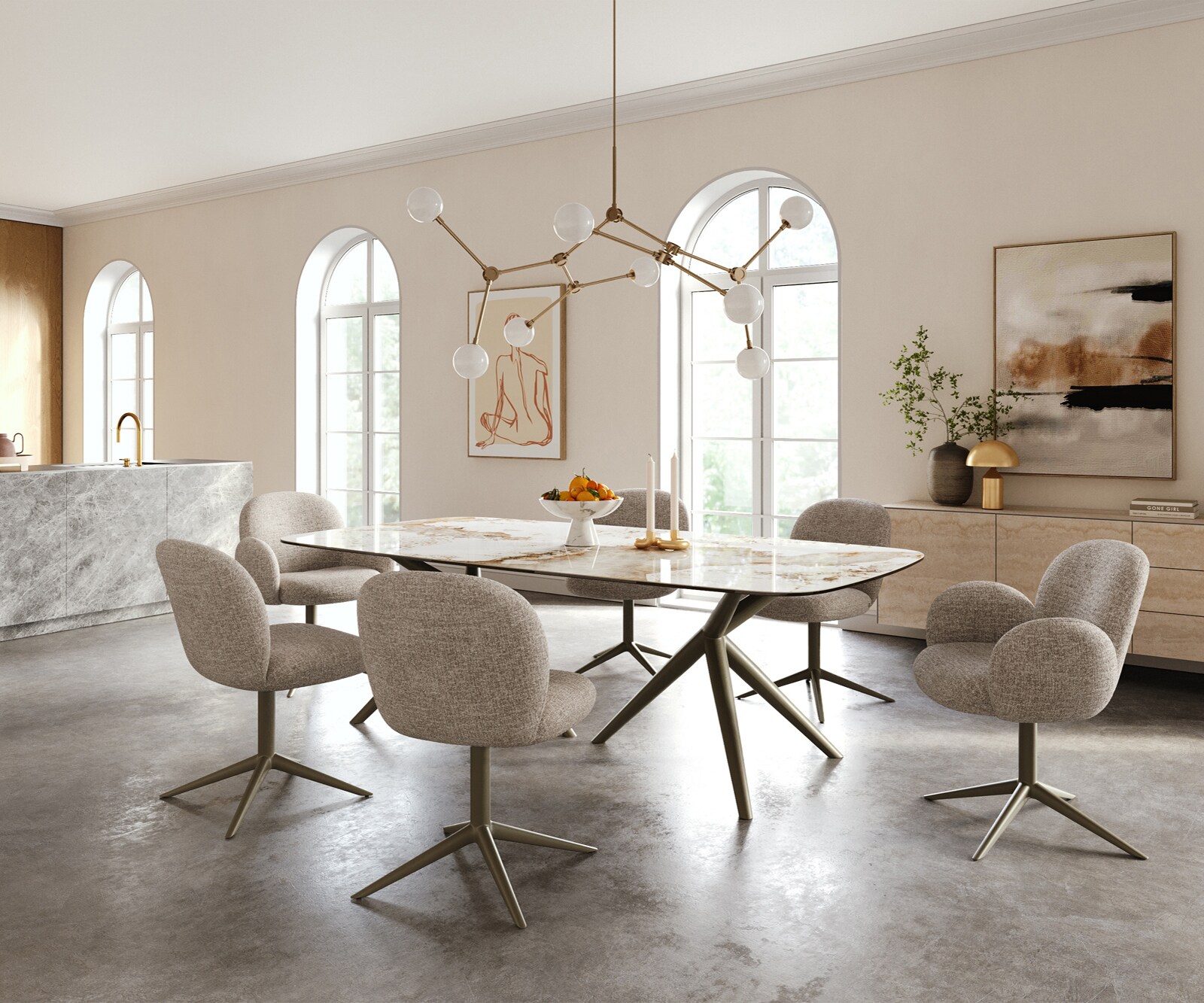 Stół do jadalni Edge w kształcie beczki 240x120 cm ceramika Minas Melange biało-beżowa rama Estelar metal w kolorze tytanu 5