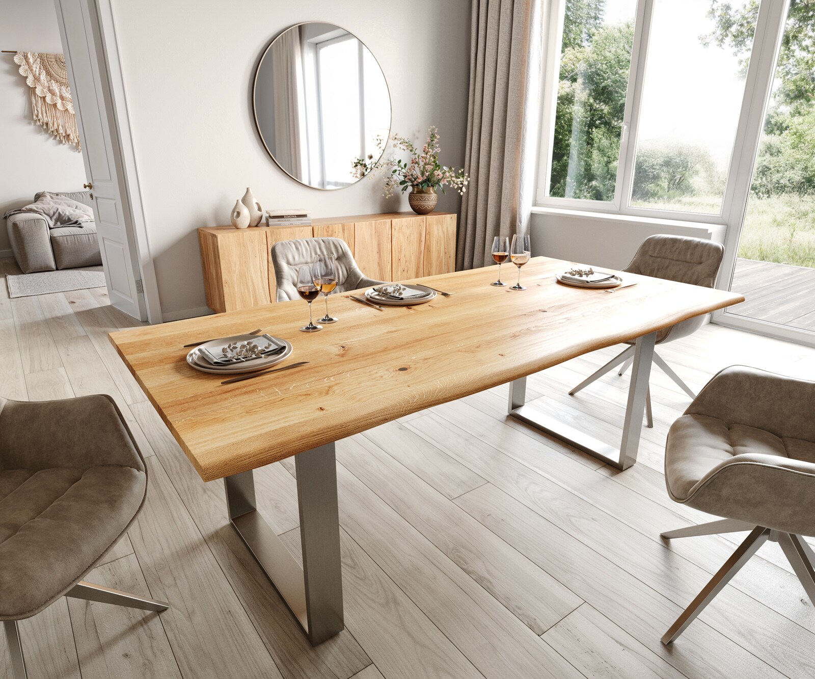 Stół do jadalni Edge 200x100x2,5-3 cm dąb naturalny stal nierdzewna wąska rama live-edge 1