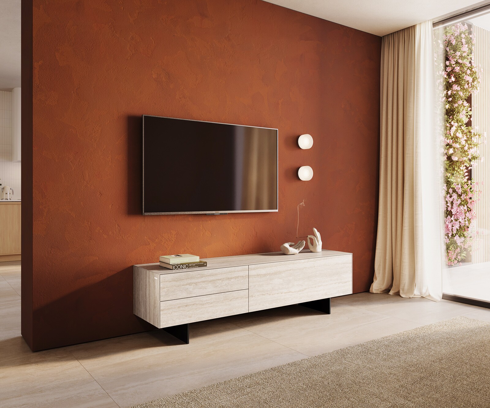 Szafka RTV Cuor 180 cm ceramika Laminam® Travertino Bianco kremowo-biała 1 klapa 2 szuflady nóżki wąskie czarny metal 1