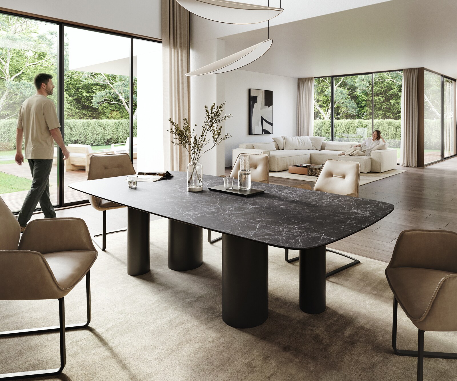 Stół do jadalni Edge w kształcie beczki 260x120 cm ceramika Laminam® Nero Greco antracytowa rama Pilier metal czarny