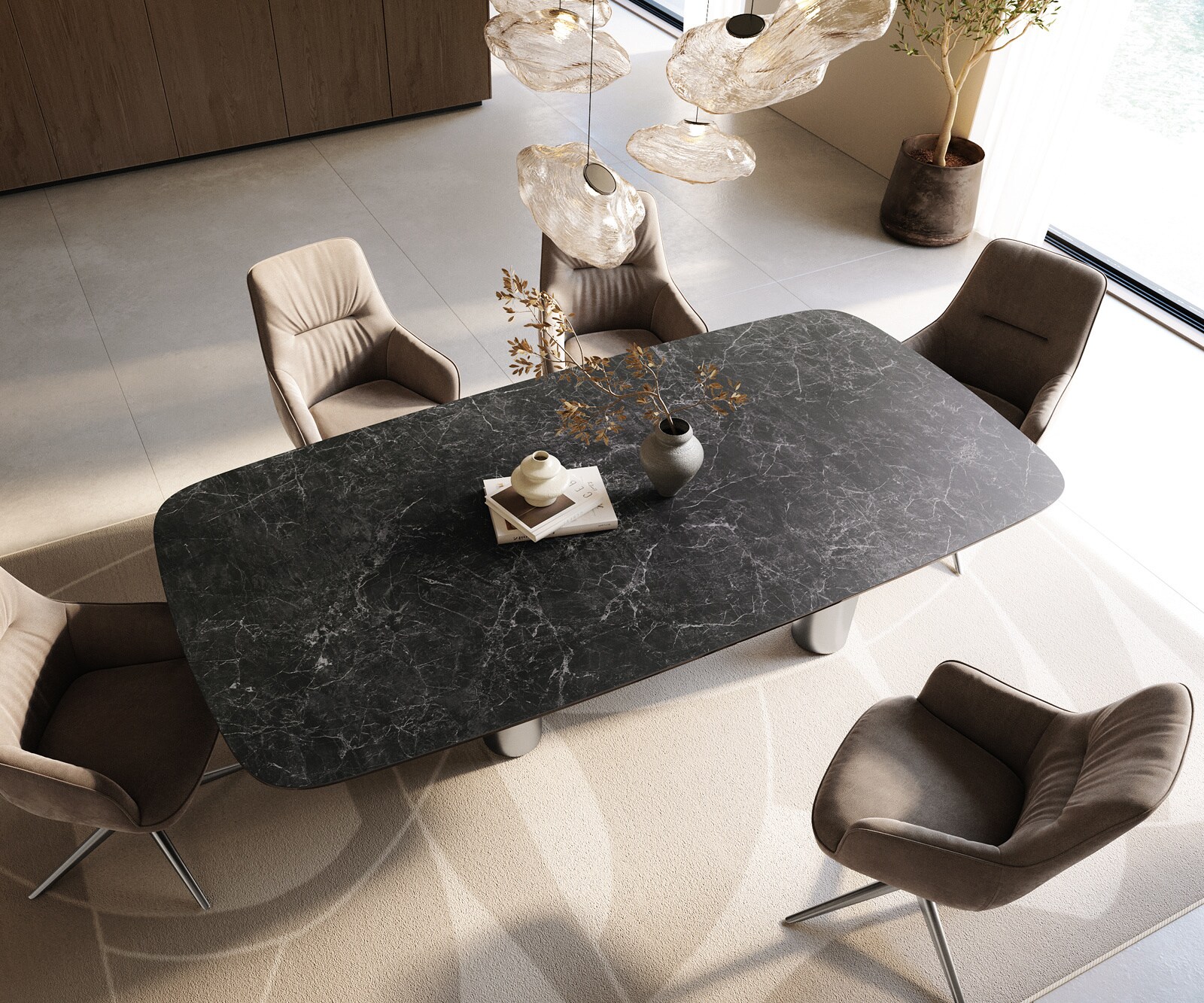 Stół do jadalni Edge w kształcie beczki 240x120 ceramika Laminam® Nero Greco antracytowa rama Pilier stal nierdzewna szczotkowana 4