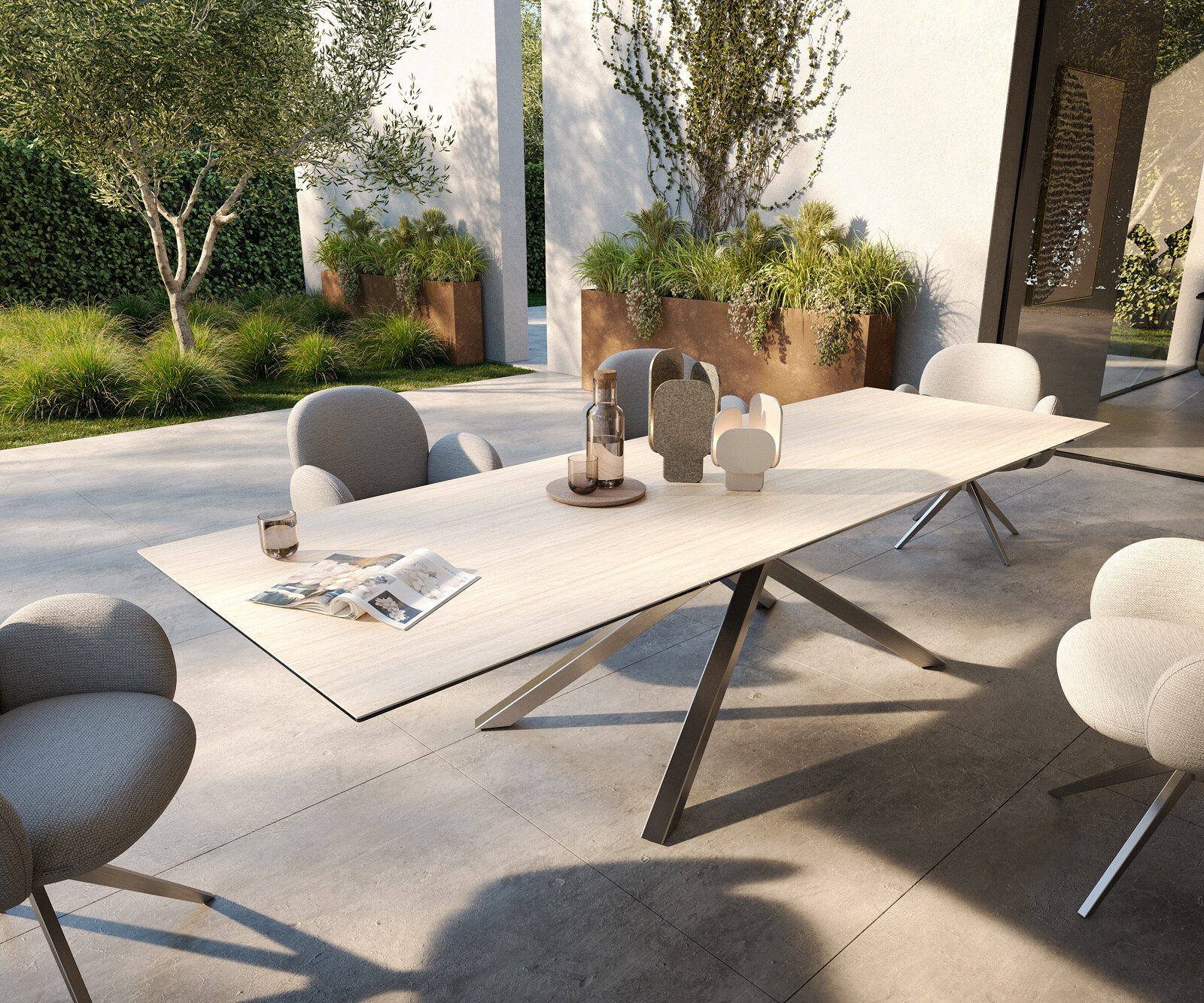 Stół ogrodowy Edge 300x100 cm ceramika Laminam® Travertino Bianco kremowo-biały rama Cross stal nierdzewna