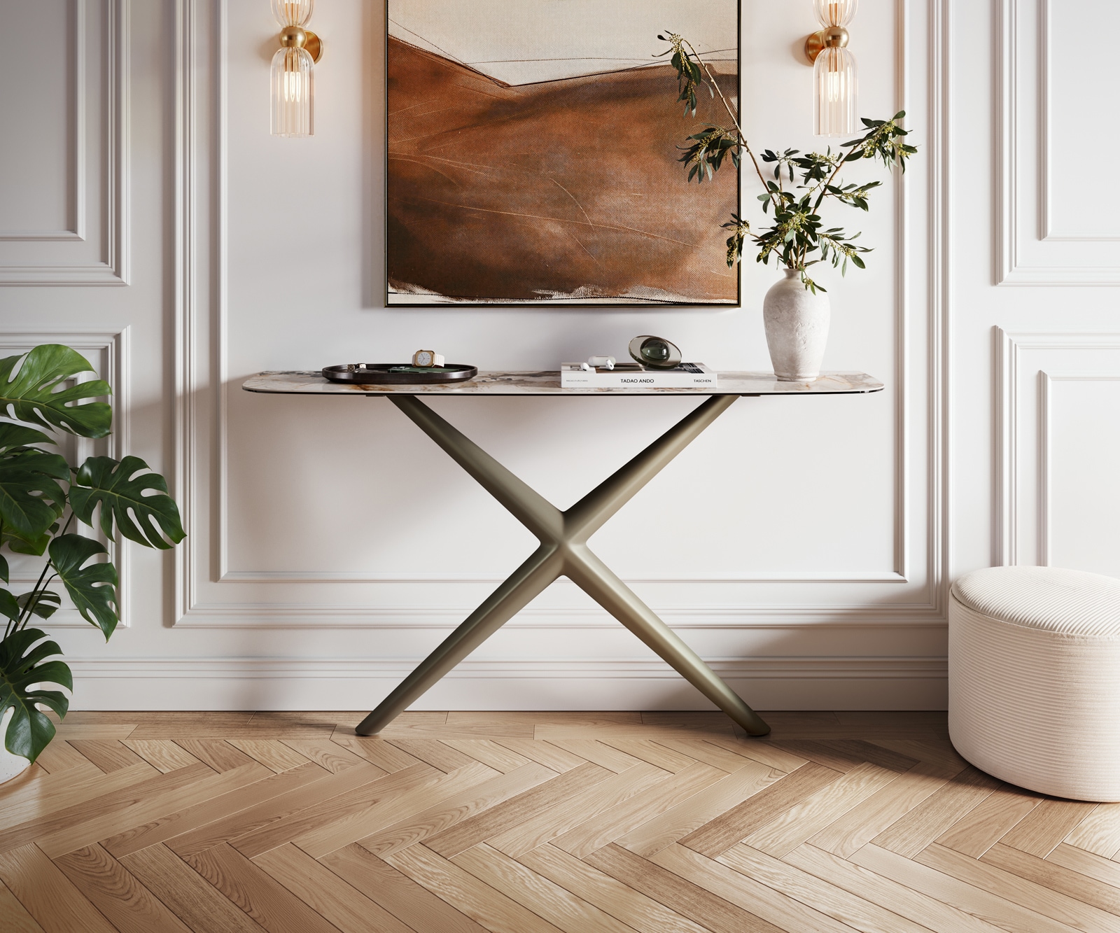 Konsola Edge w kształcie beczki 140x40 cm ceramika Patagonia rama Estelo metal w kolorze tytanu 1