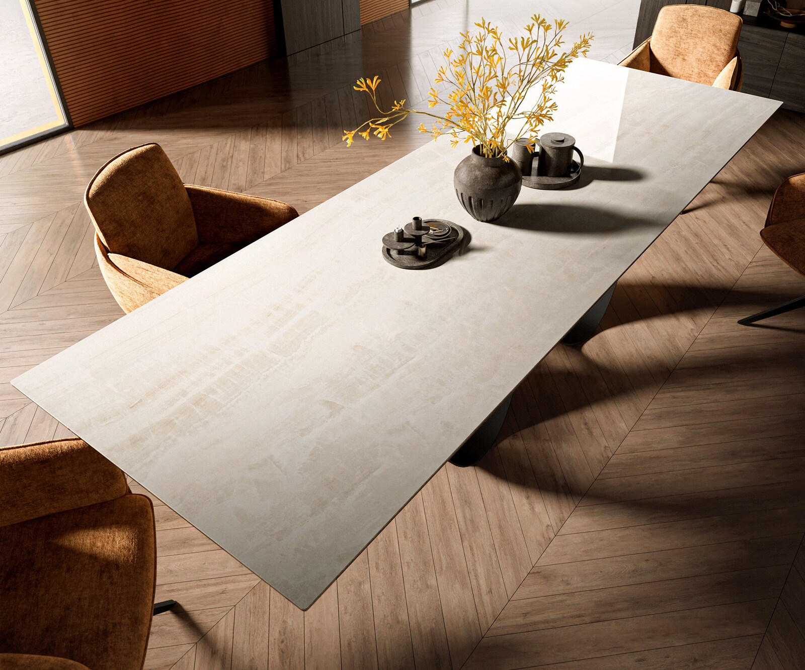 Stół do jadalni Edge 300x100 cm ceramika Onyx Champagne rama Infinity metal czarny 4