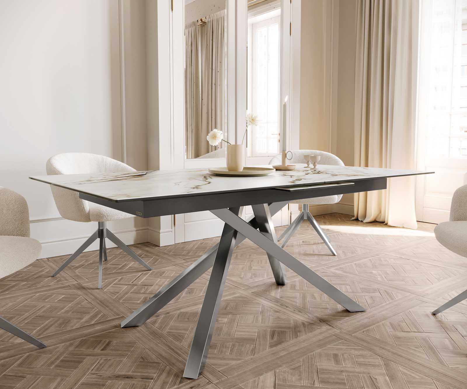 Stół do jadalni Edge 180-220x100 cm ceramika Calacatta Luxe biało-złoto-szary rama Cross stal nierdzewna rozkładany 6