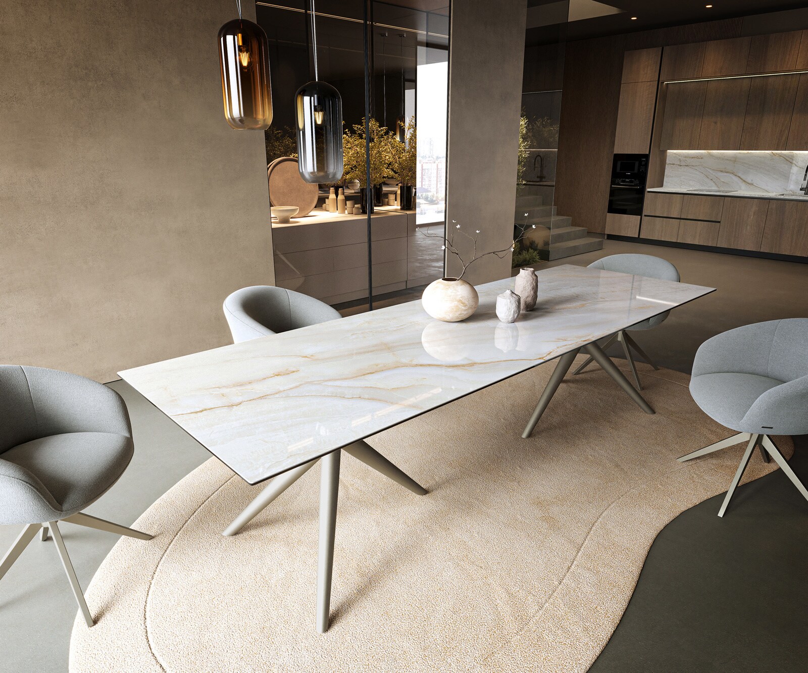 Stół do jadalni Edge 300x100cm ceramika Onyx Pearl rama Estelar metal kolor tytanowy