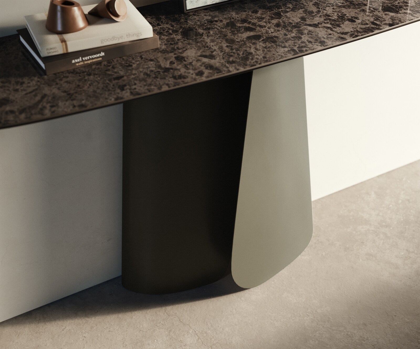 Konsola Edge w kształcie beczki 140x40 cm ceramika Emperador Extra Lucidato ciemnobrązowa podstawa Livos metal w kolorze tytanu 6