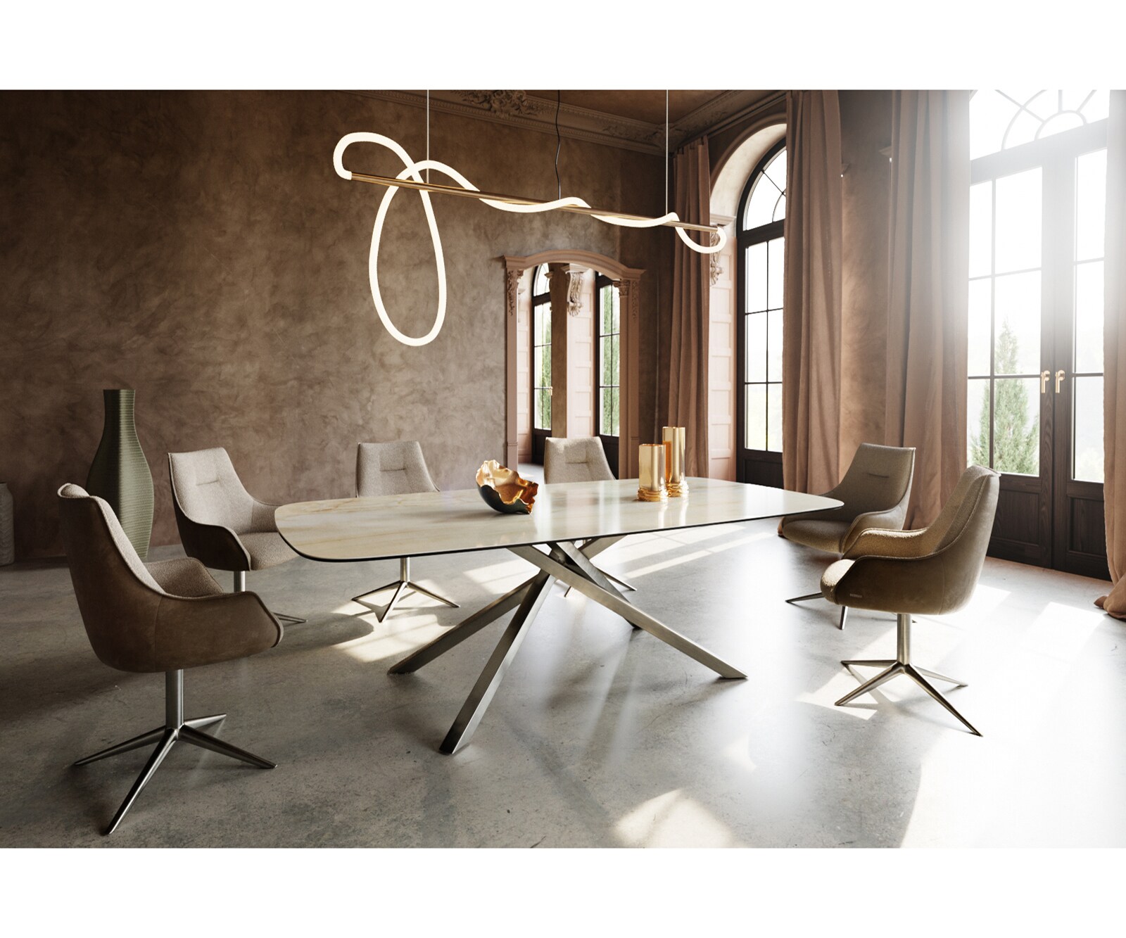 Stół do jadalni Edge w kształcie beczki 240x120cm ceramika Iris FMG Onice Oro rama Cross stal nierdzewna 5