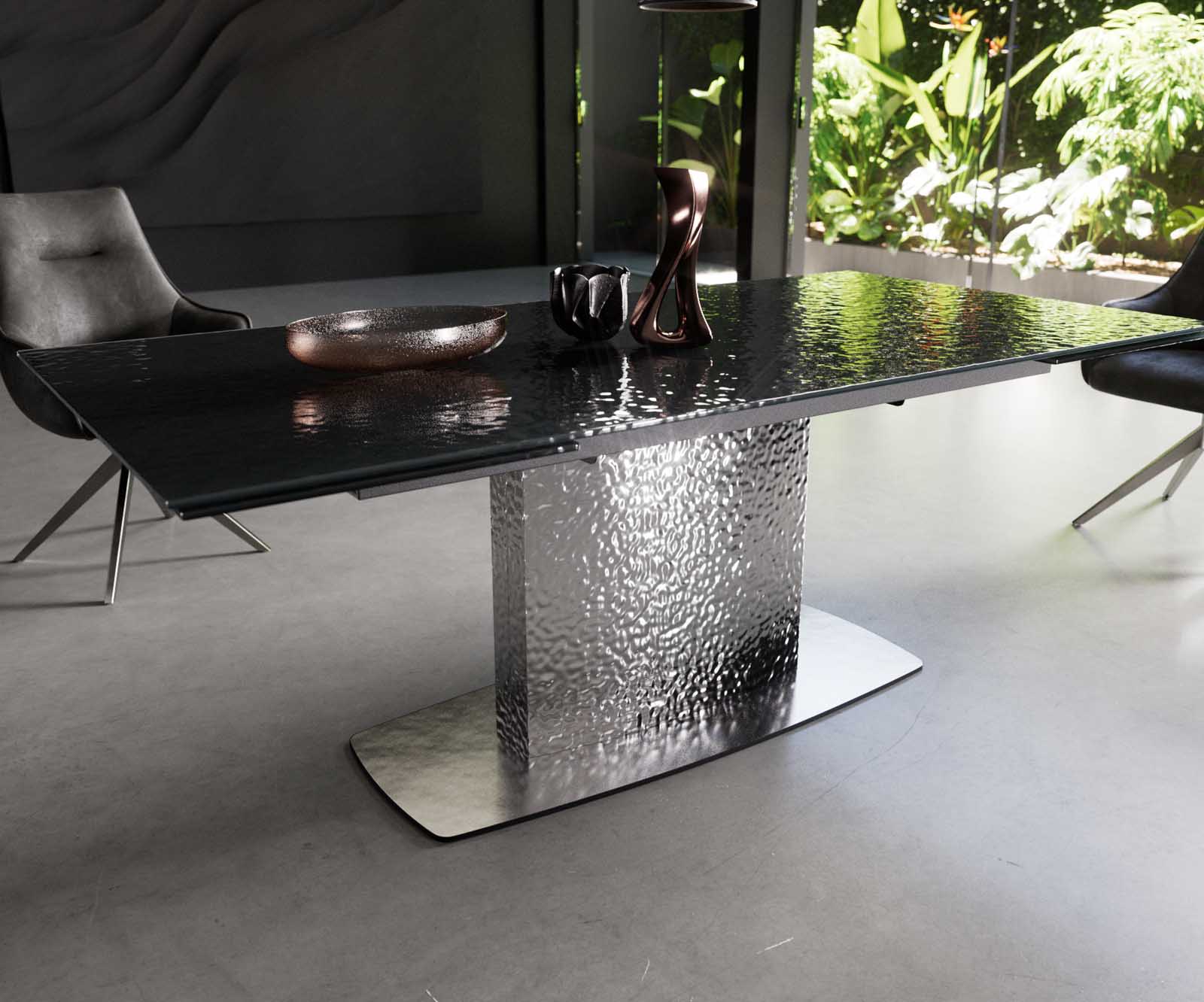 Stół do jadalni Edge 200-300x100 cm szkło reliefowe czarne efekt 3D rama Wave stal nierdzewna rozkładany 4