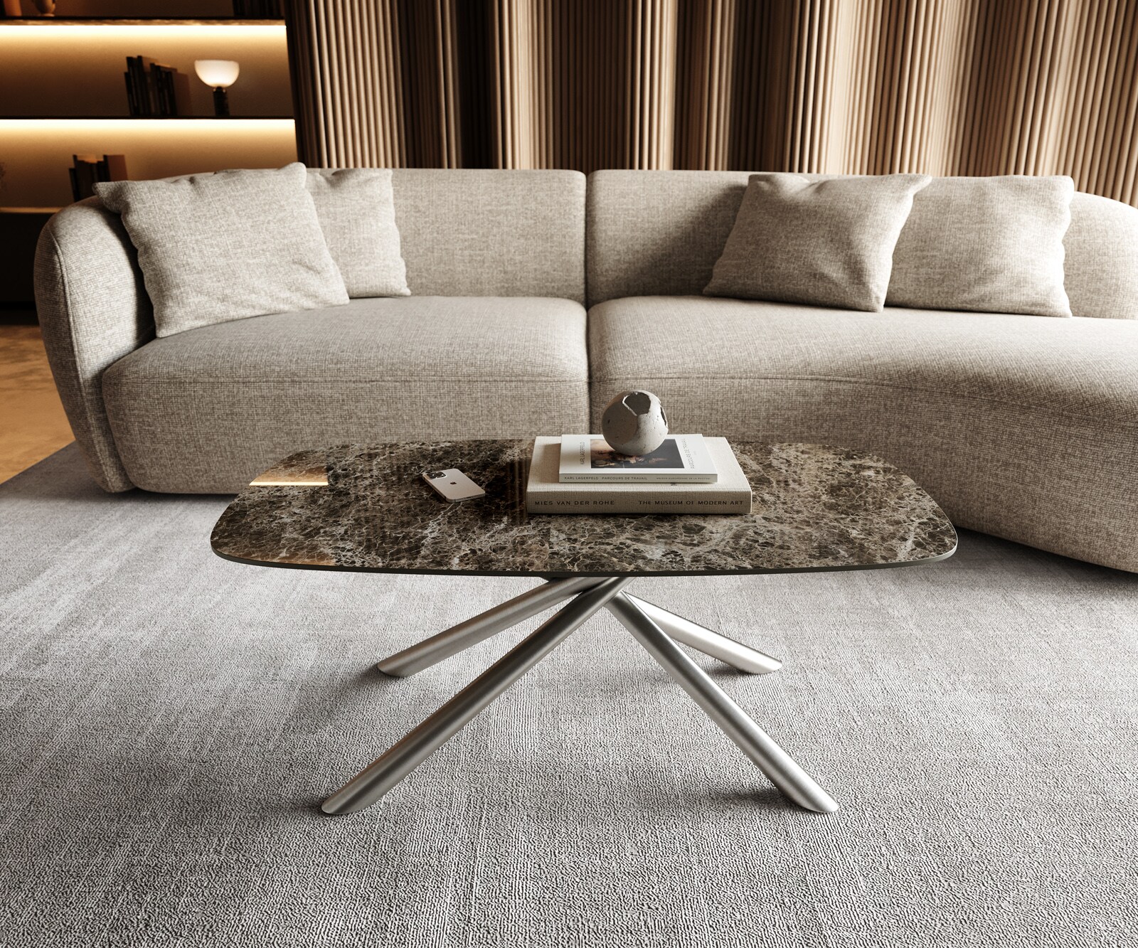Stolik kawowy Edge w kształcie beczki 100x50 cm ceramika Laminam® Emperador Extra Lucidato ciemnobrązowy Sarity stal nierdzewna szczotkowana 1
