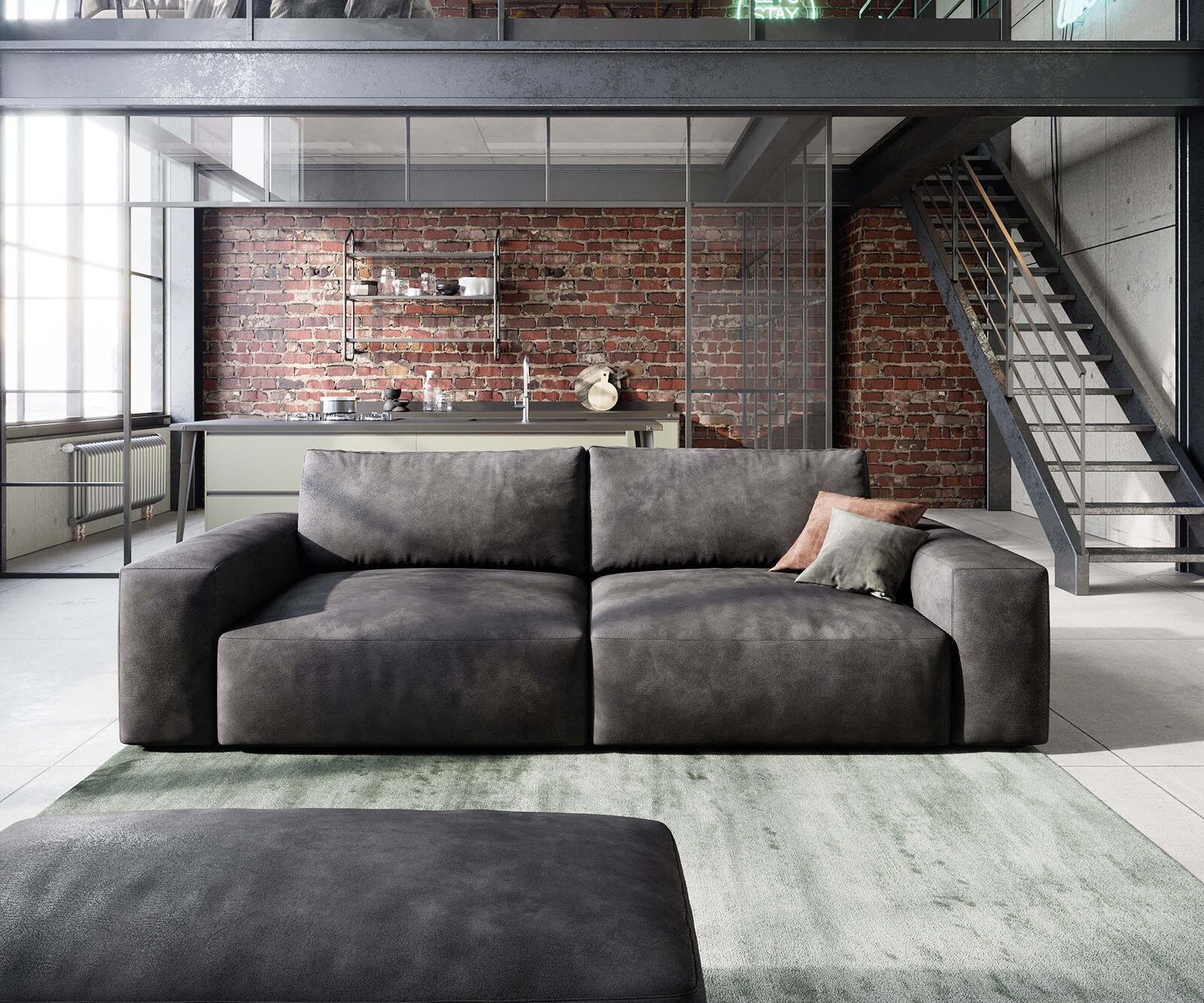 Sofa Lanzo 230x95 cm skóra ekologiczna antracyt vintage z pufemXL 1