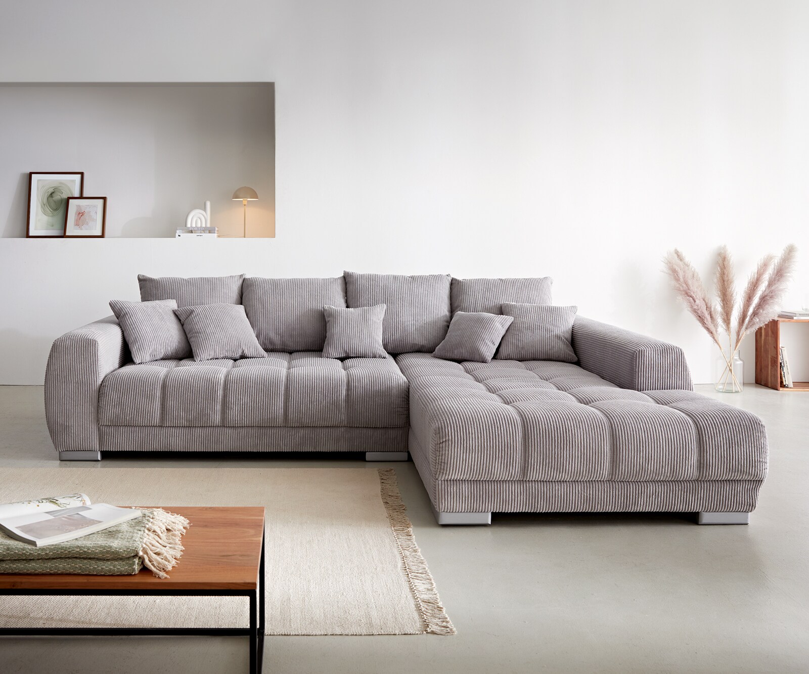 Sofa narożna Josea 300x220 cm sztruks srebrno-szary szezlong prawy 1