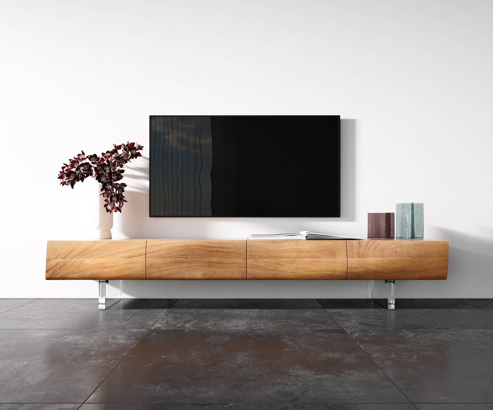 Szafka RTV New Live-Edge 200 cm akacja naturalna 4 drzwi nóżki akrylowe 4