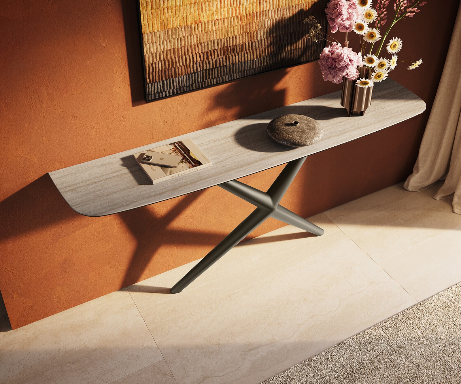 Konsola Edge w kształcie beczki 180x40 cm ceramika Laminam® Travertino Bianco kremowo-biały rama Estelo metal w kolorze tytanu 4