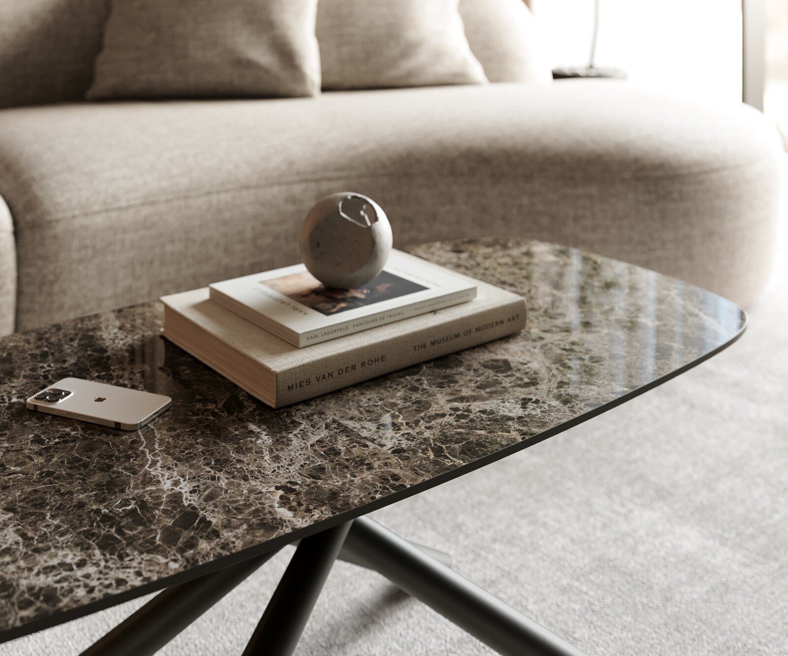 Stolik kawowy Edge w kształcie beczki 100x50 cm ceramika Laminam® Emperador Extra Lucidato ciemnobrązowy Sarity czarny metal 5