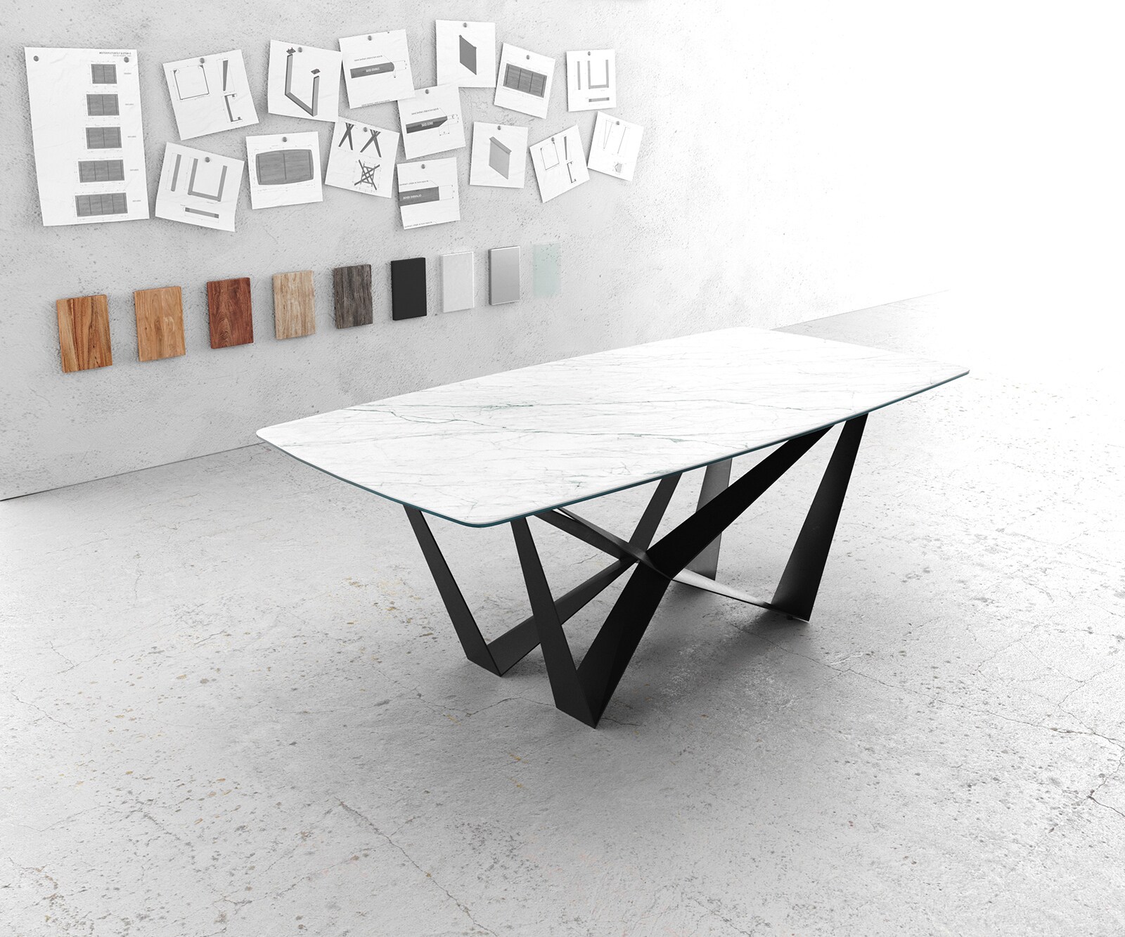 Stół do jadalni Edge kształt beczki 200x100cm ceramika Minas Melange biało-beżowy rama Cross czarna 1