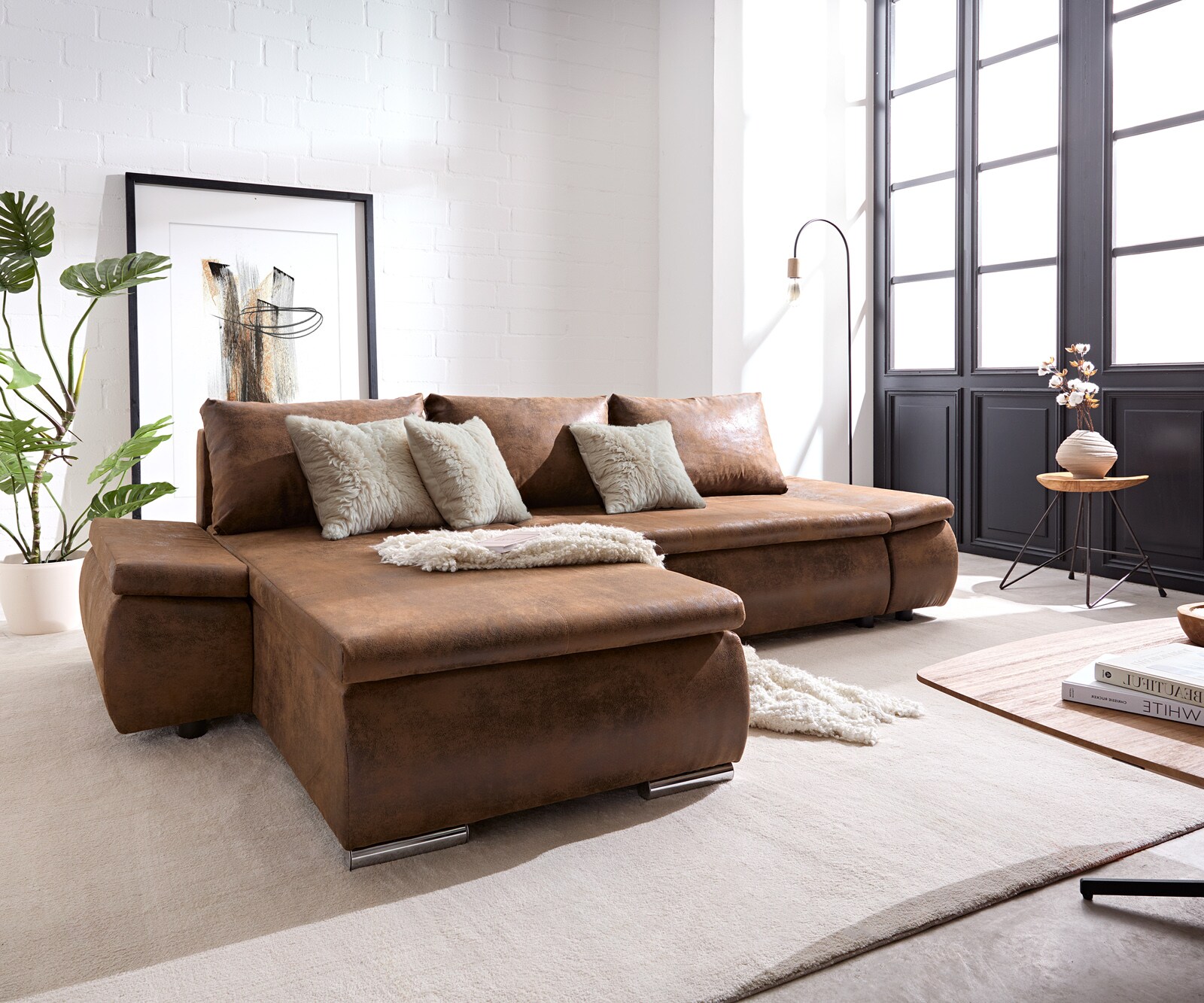 Sofa narożna Abilene 260x175 cm brązowy szezlong z możliwością zmiennego montażu z funkcją spania