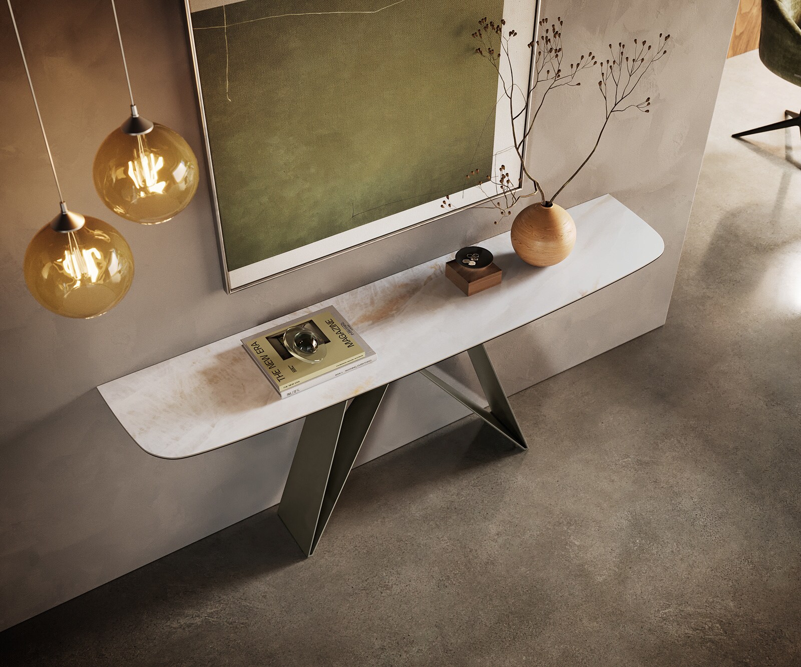 Konsola Edge w kształcie beczki 180x40 cm ceramika Onyx Pearl podstawa Velio metal w kolorze tytanu 2