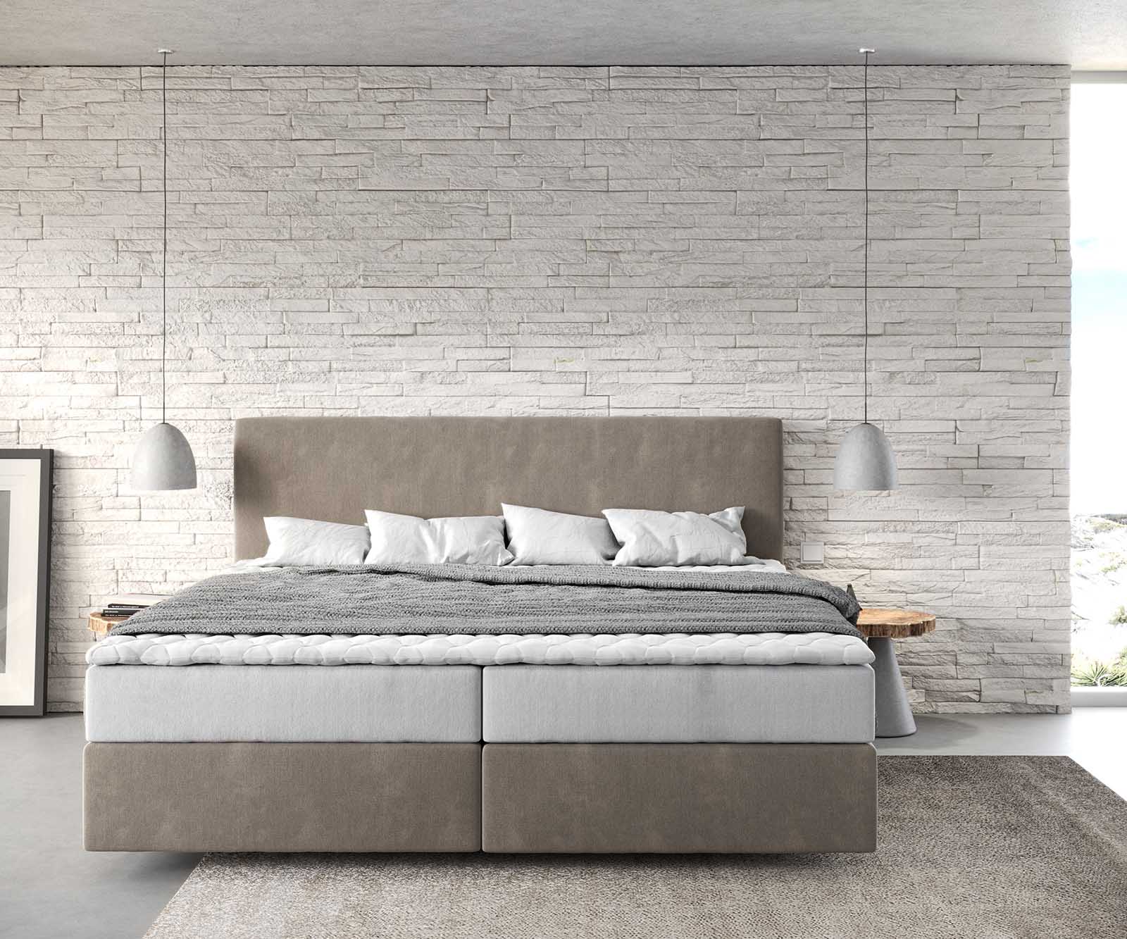 Łóżko kontynentalne Dream-Well mikrofibra beżowa 200x200cm z materacem ze sprężynami kieszeniowymi i topperem Visco 1