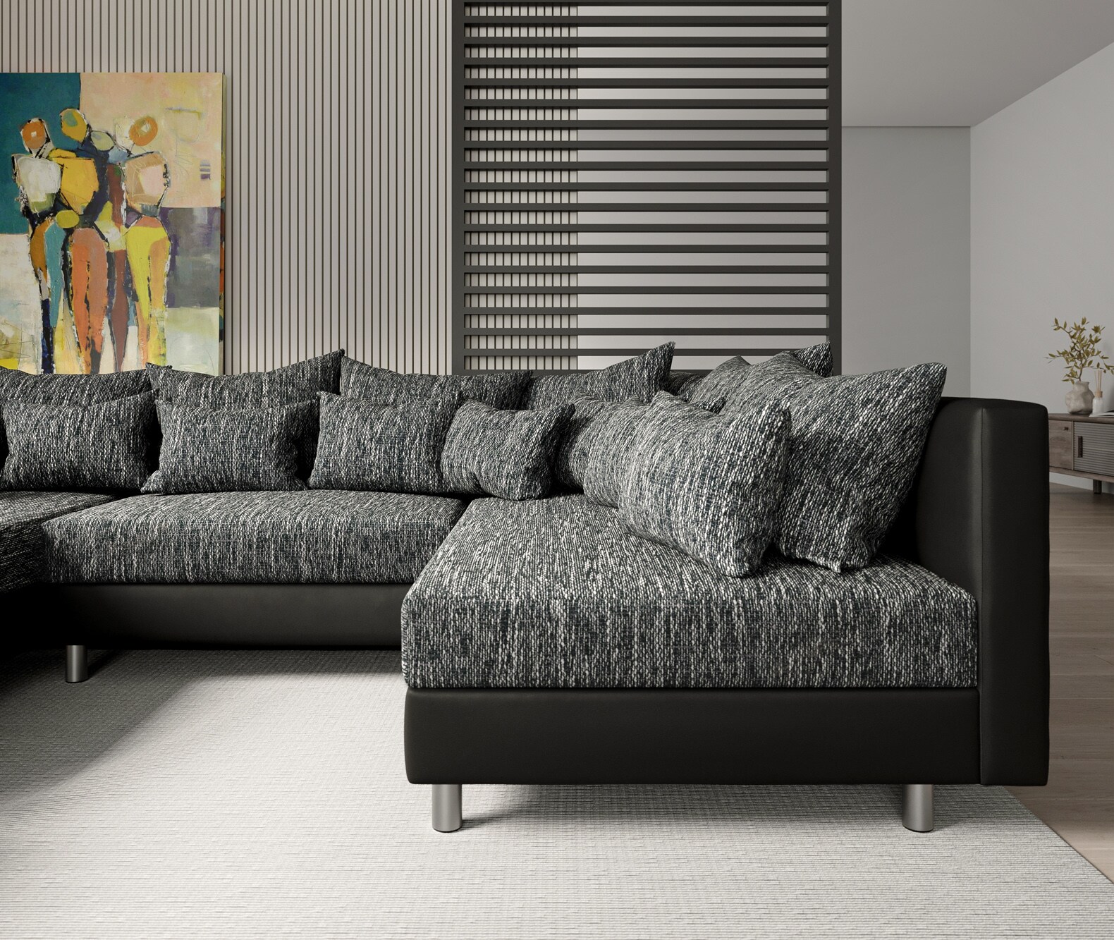 Zestaw wypoczynkowy Clovis czarna sofa modułowa z pufem 4