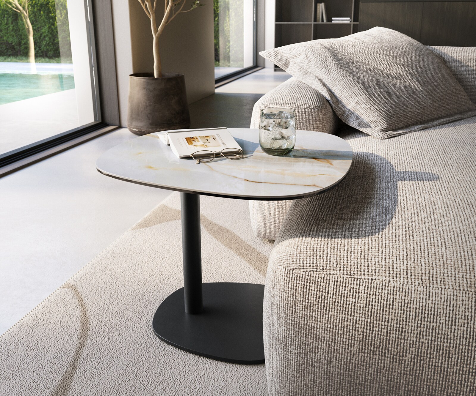 Stolik kawowy Edge w kształcie beczki 60x60 cm ceramika Onyx Pearl podstawa Eleny metal czarny 1