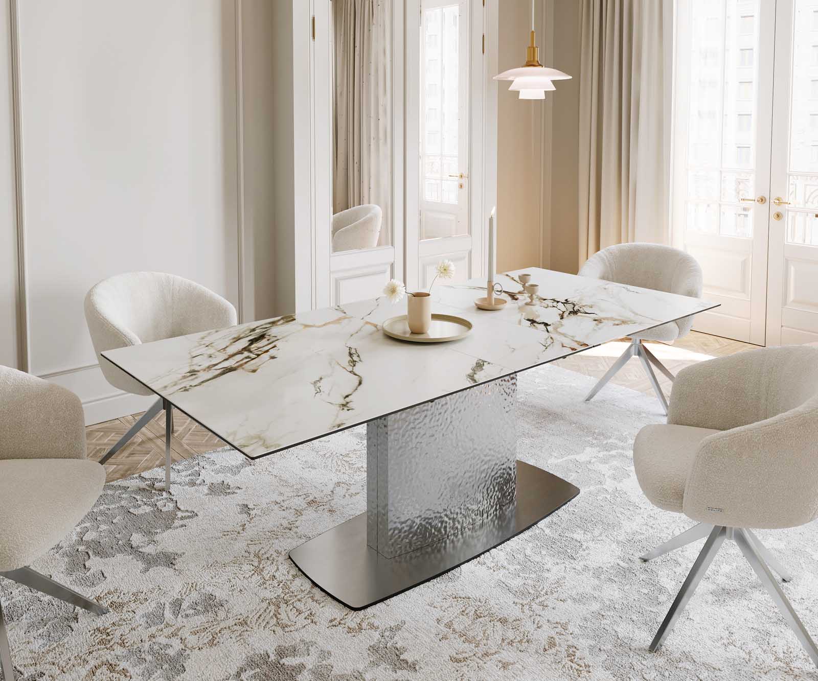 Stół do jadalni Edge 180-220x100 cm ceramika Calacatta Luxe biało-złoto-szary rama Wave stal nierdzewna rozkładany