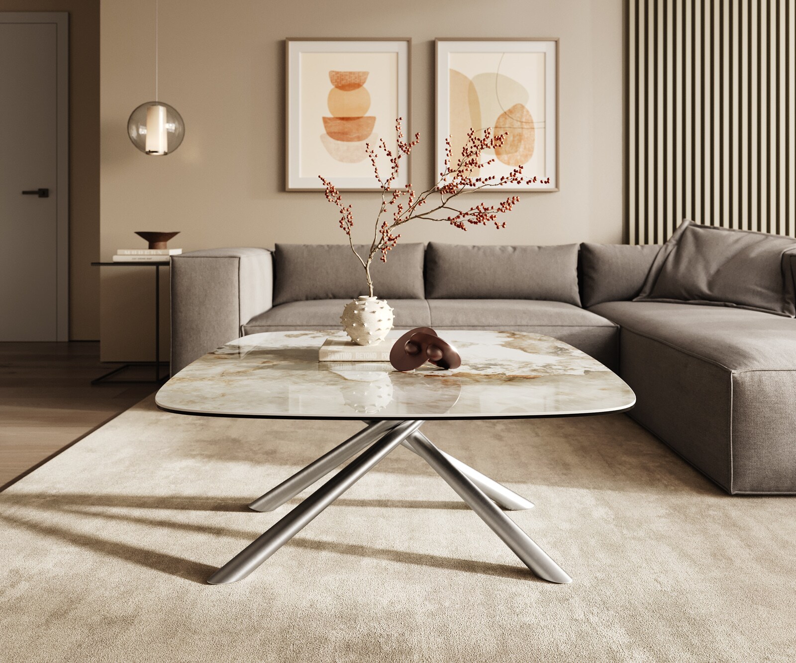 Stolik kawowy Edge w kształcie beczki 90x90 cm ceramika Minas Melange Sarity stal nierdzewna szczotkowana 2