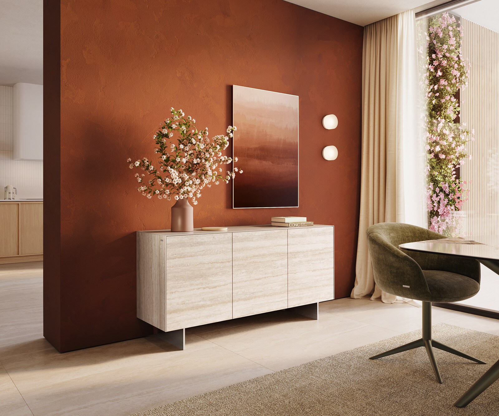 Komoda Cuor 150 cm ceramika Laminam® Travertino Bianco kremowo-biała 3 drzwi nóżki wąskie stal nierdzewna 1