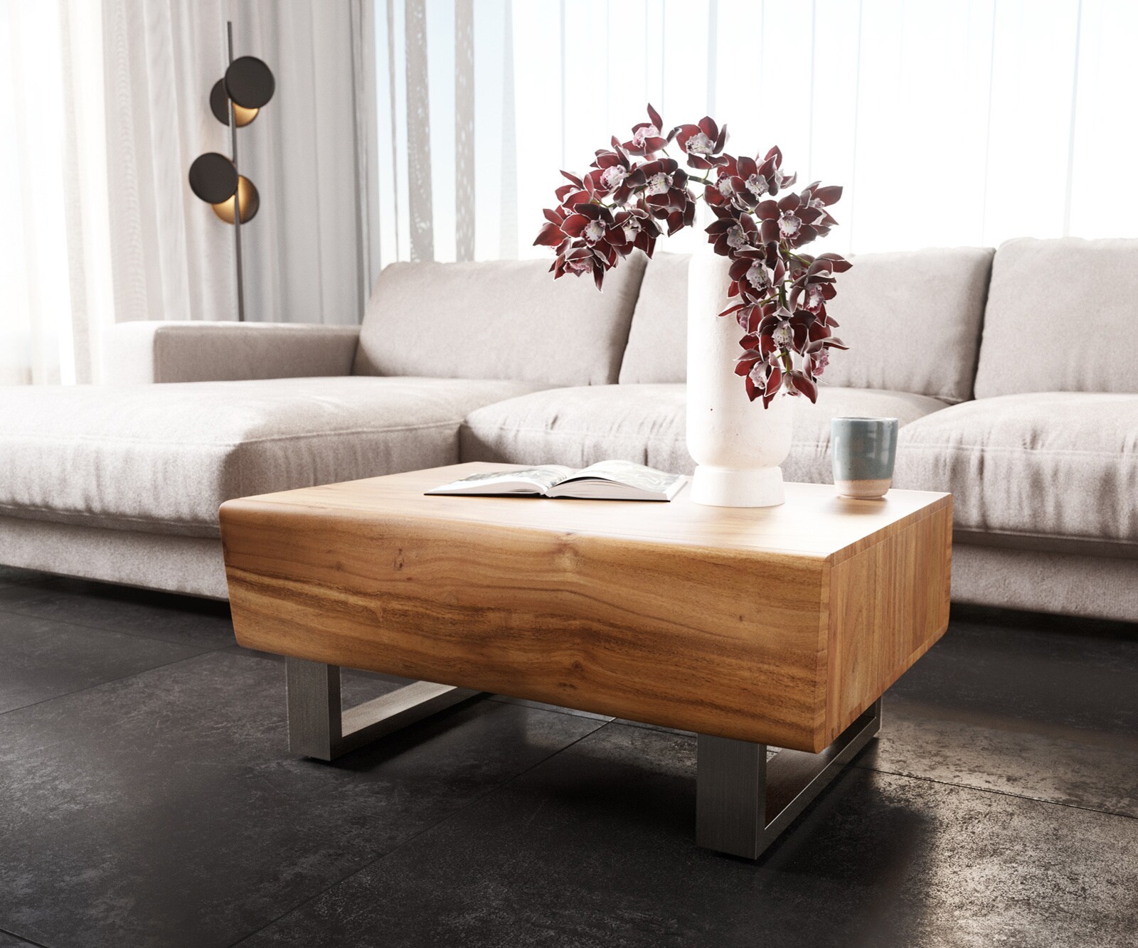 Stolik kawowy New Live-Edge 80x60cm akacja naturalna 2 szuflady nóżki płozowe stal nierdzewna szczotkowana 3