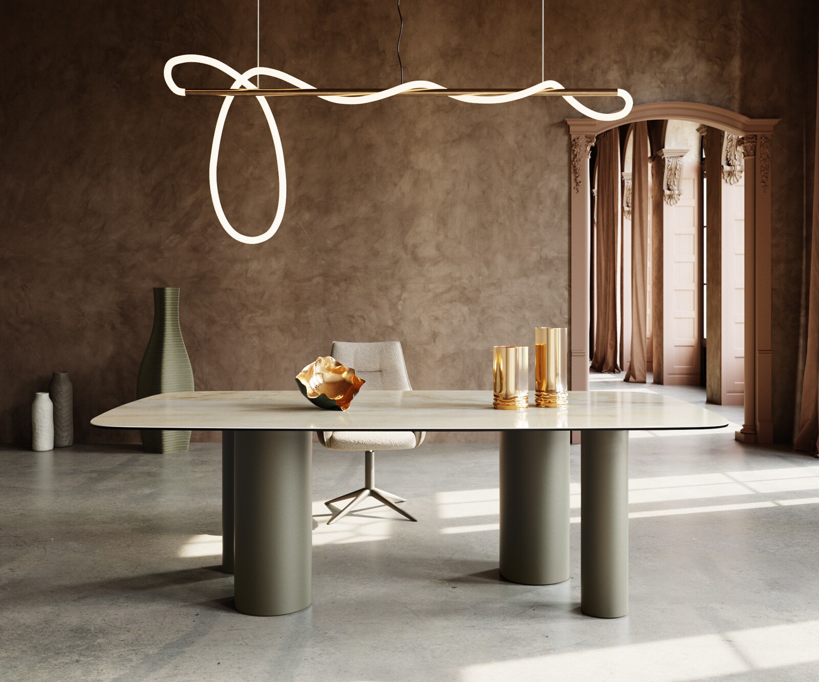 Stół do jadalni Edge kształt beczki 240x120cm ceramika Iris FMG Onice Oro rama Pilier metal kolor tytanowy 1