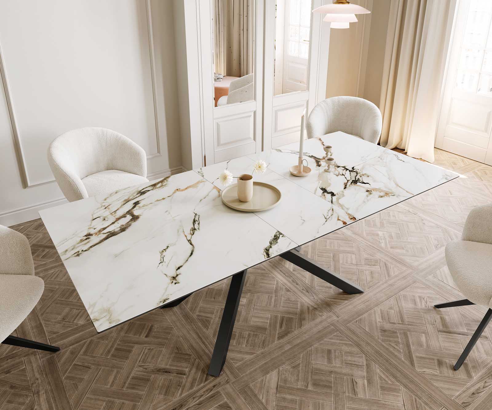 Stół do jadalni Edge 180-220x100 cm ceramika Calacatta Luxe biało-złoto-szary rama Cross czarna rozkładany 5