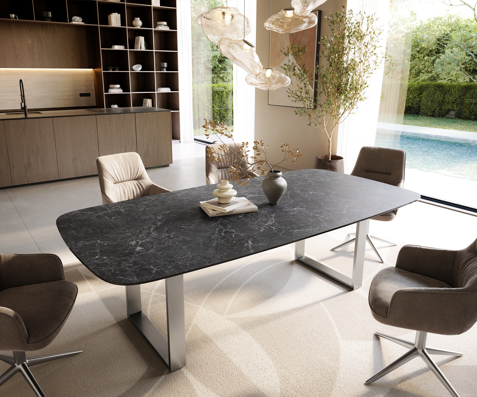 Stół do jadalni Edge w kształcie beczki 240x120 ceramika Laminam® Nero Greco antracytowa rama wąska stal nierdzewna 1