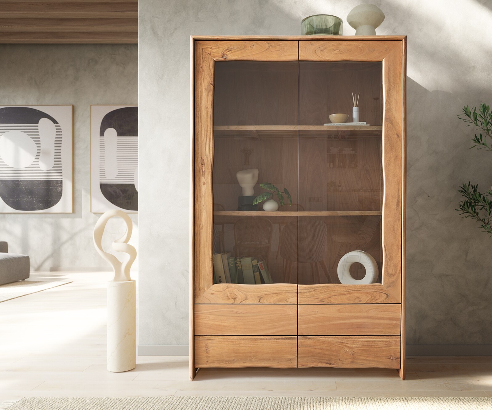 Witryna Live-Edge 120x190 cm akacja naturalna 2 drzwi 4 szuflady 1