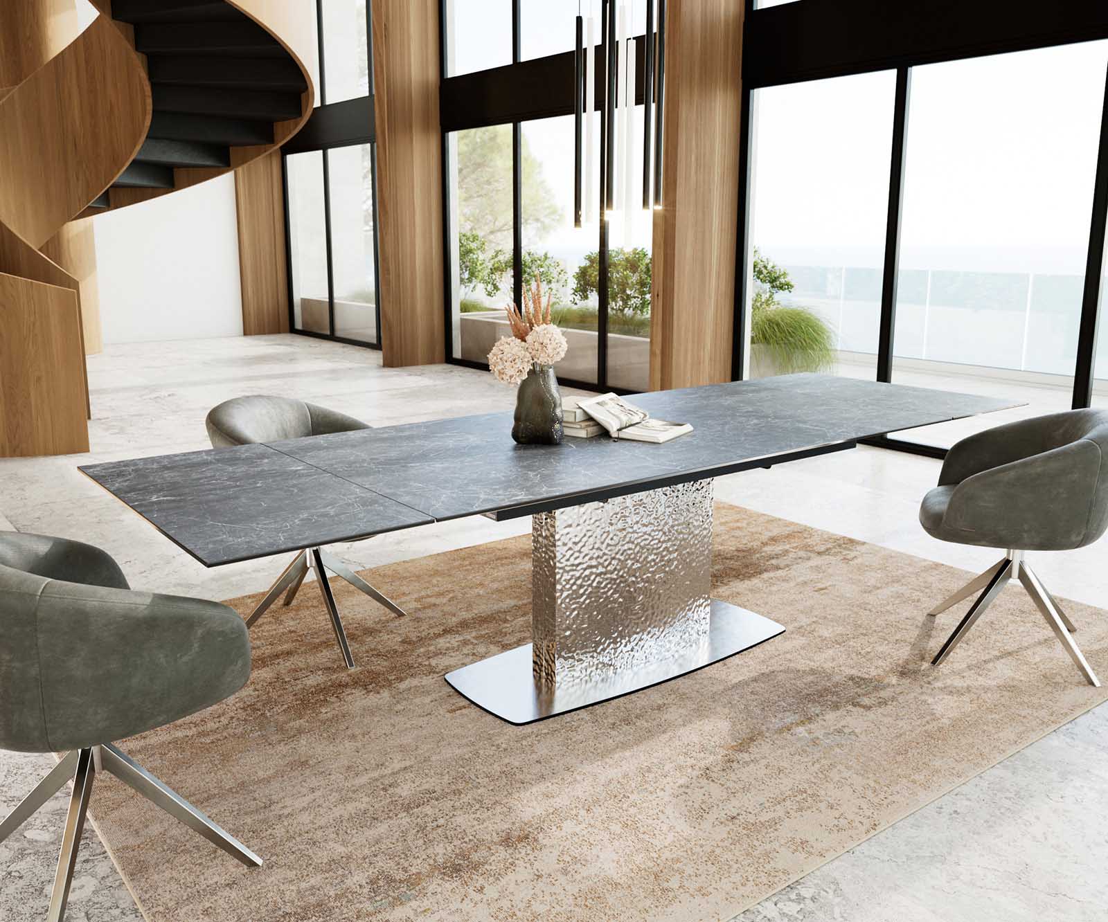 Stół do jadalni Edge 200-300x100 cm ceramika Laminam® Nero Greco antracyt rama Wave stal nierdzewna rozkładany 5
