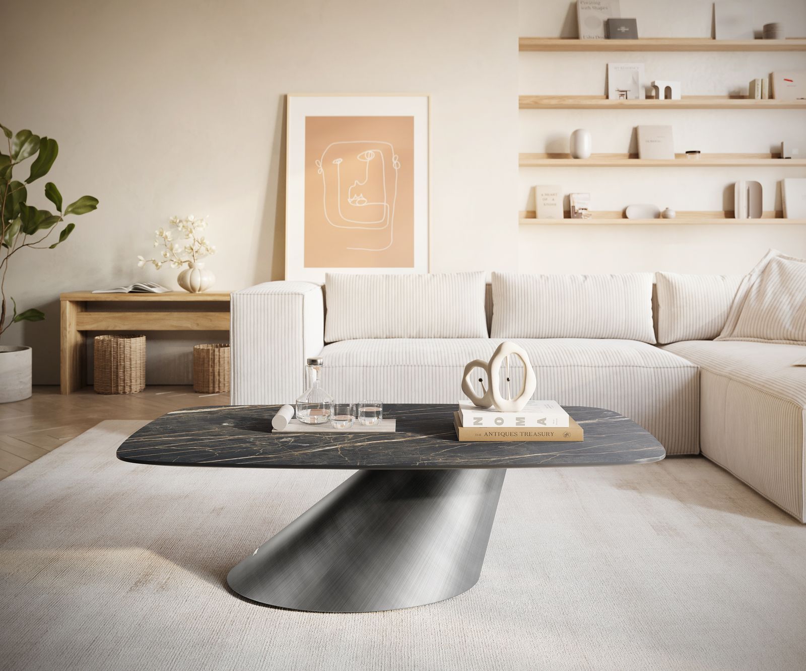 Stolik kawowy Edge w kształcie beczki 120x70 cm ceramika Laminam® Noir Desir brązowy Conis srebrny metaliczny 2