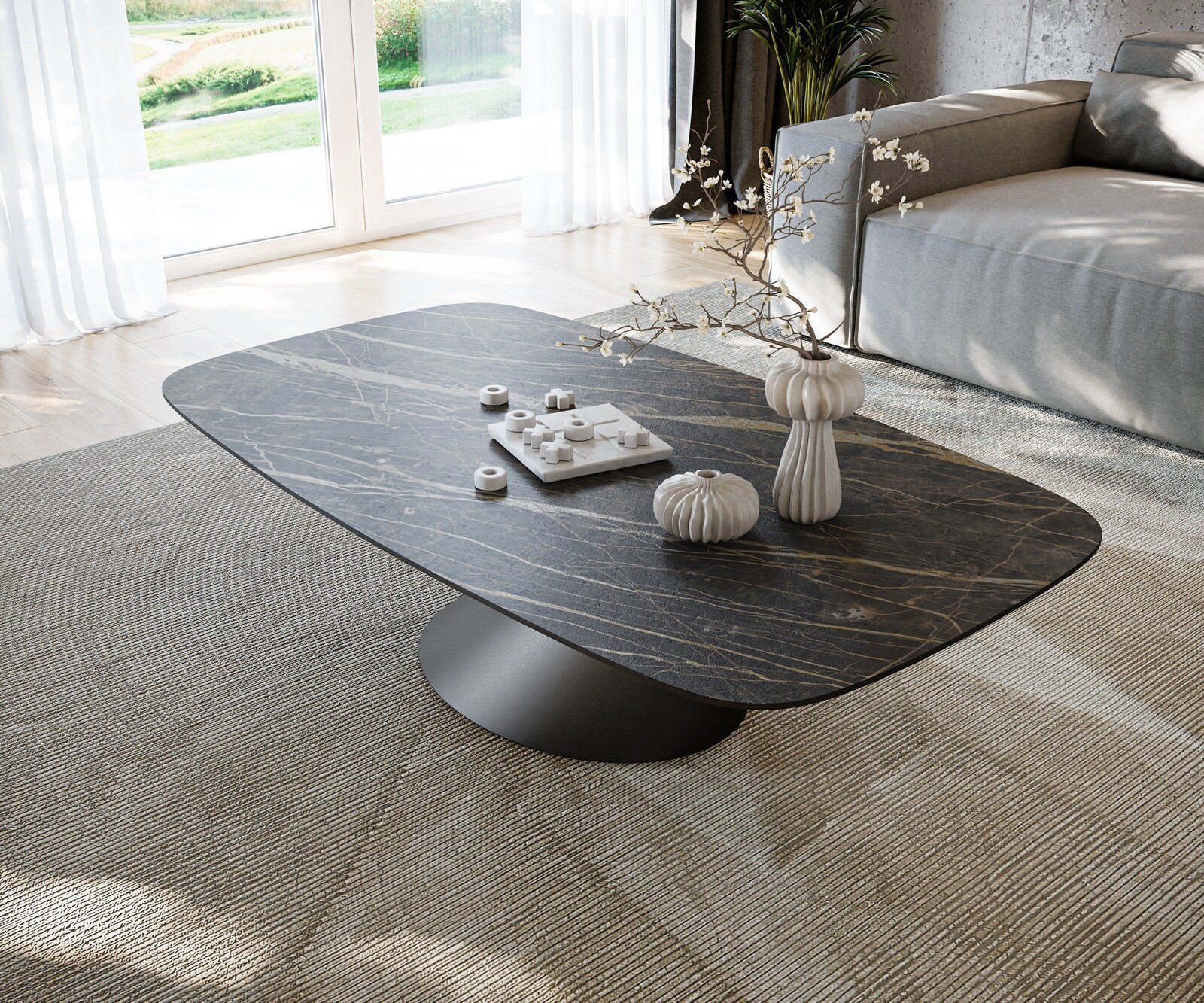 Stolik kawowy Edge w kształcie beczki 140x80 cm ceramika Laminam® Noir Desir brązowy Conis czarny metal 4
