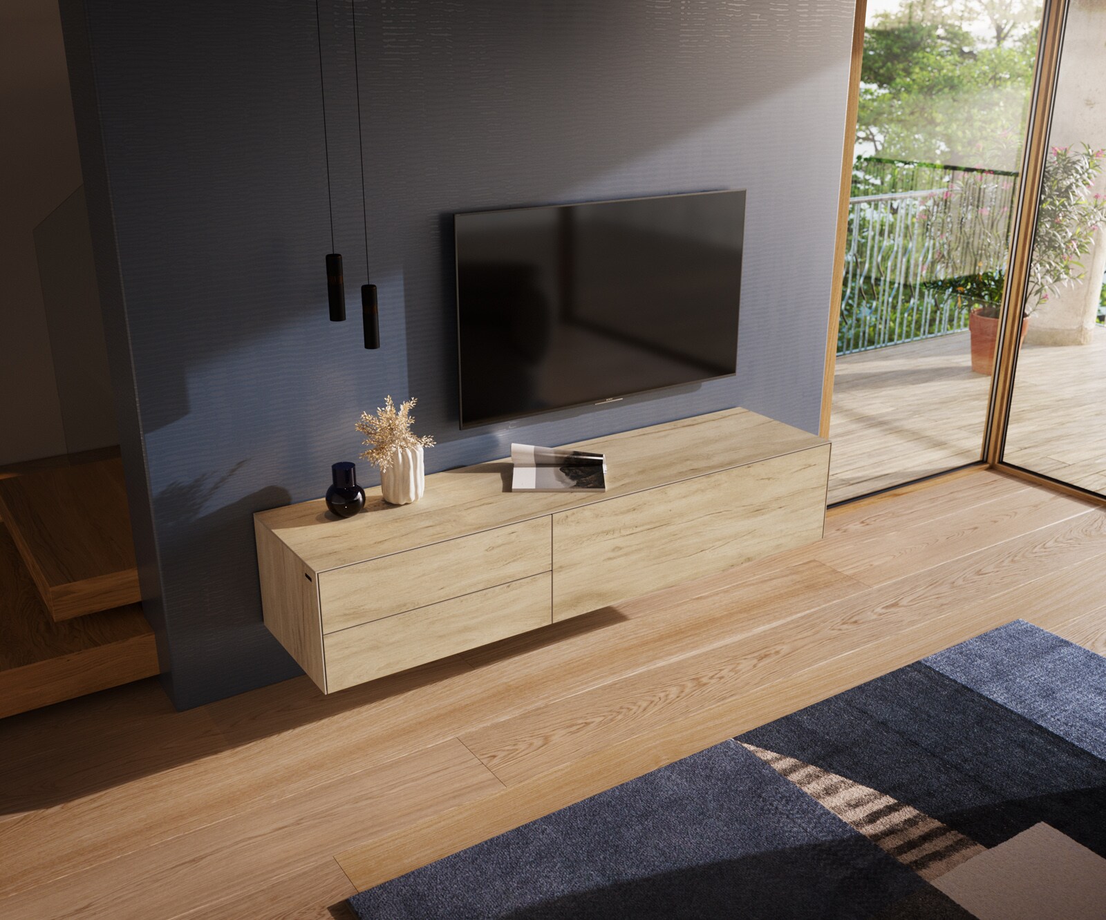 Szafka RTV Cuor 180 cm ceramika Laminam® Sabbia (kolor dębu) 1 klapa 2 szuflady podwieszana 4