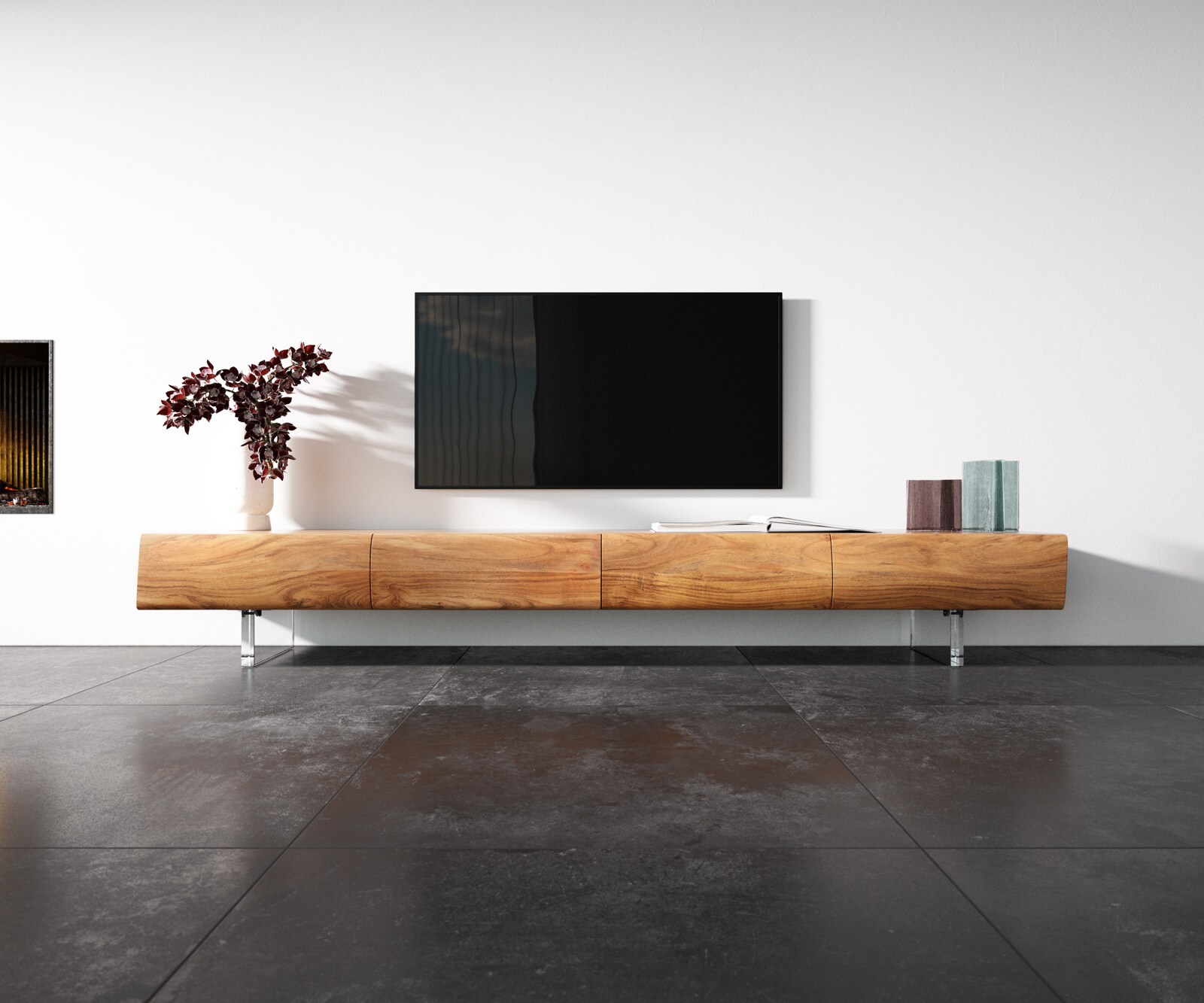 Szafka RTV New Live-Edge 240 cm akacja naturalna 4 szuflady nóżki akrylowe 3