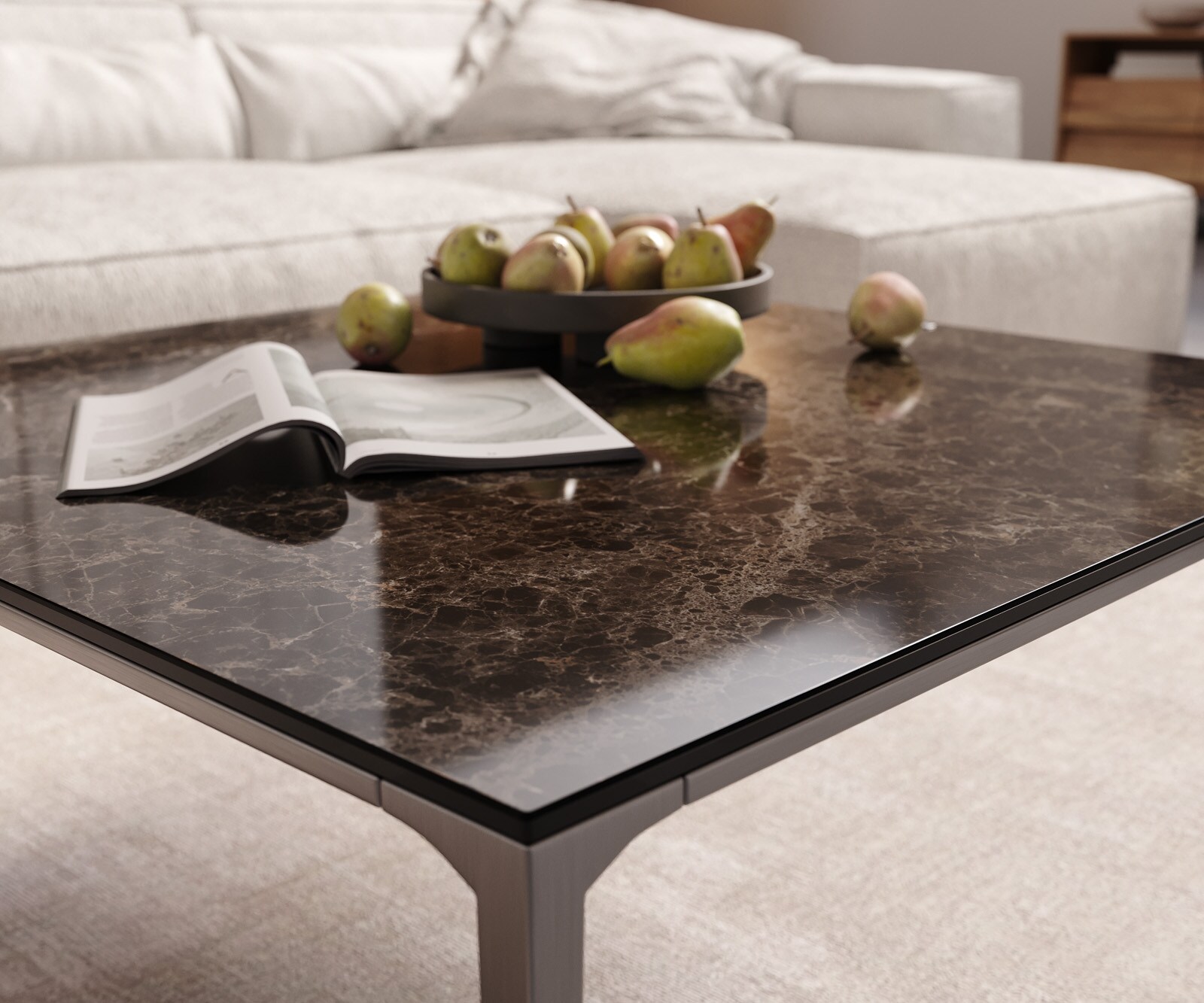 Stolik kawowy Levente 85x85cm ceramika Emperador Extra Lucidato ciemnobrązowy rama stal nierdzewna srebrny 5