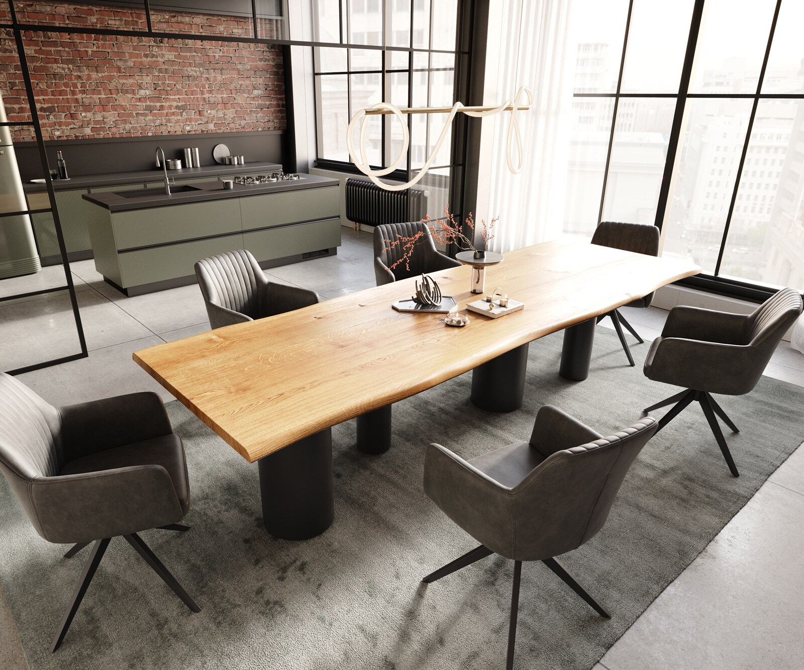 Stół do jadalni Edge 300x100x4cm dąb naturalny rama Pilier metal czarny live-edge 5