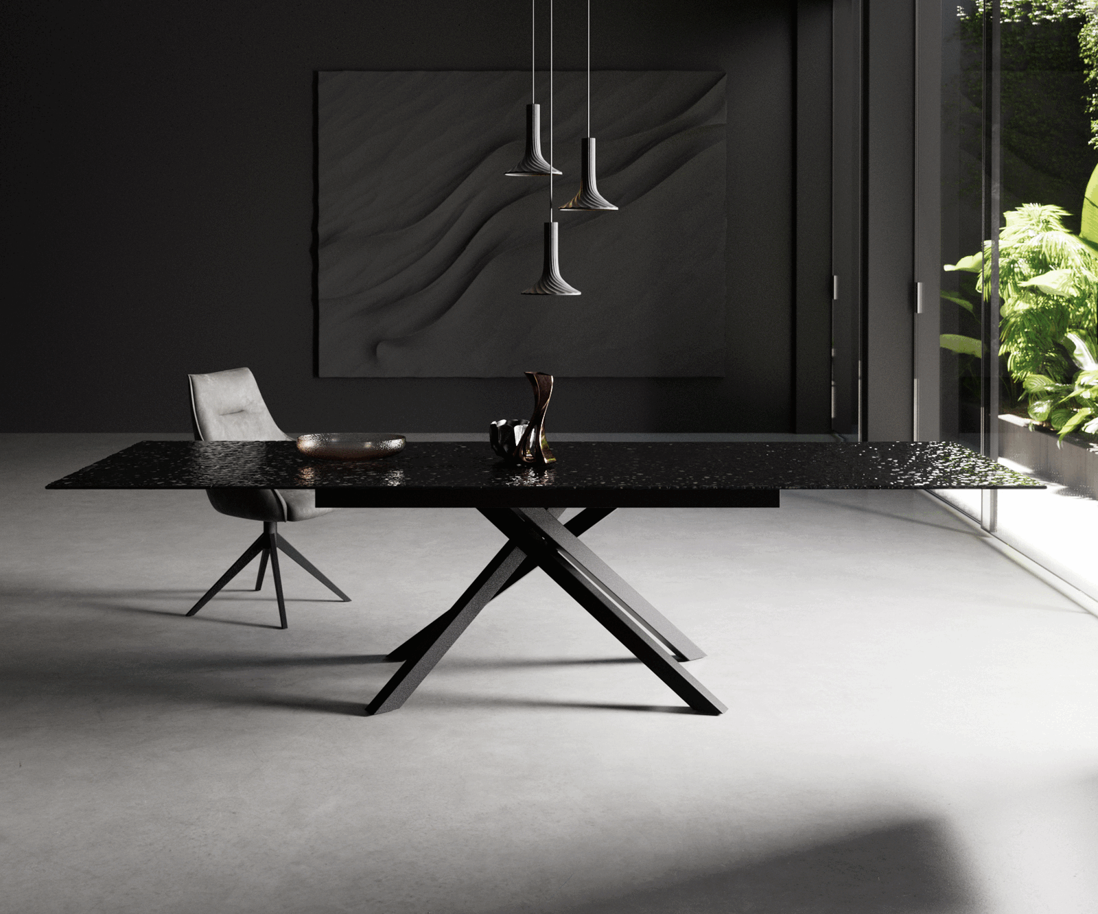 Stół do jadalni Edge 200-300x100 cm szkło reliefowe czarne efekt 3D rama Cross czarna rozkładany 2