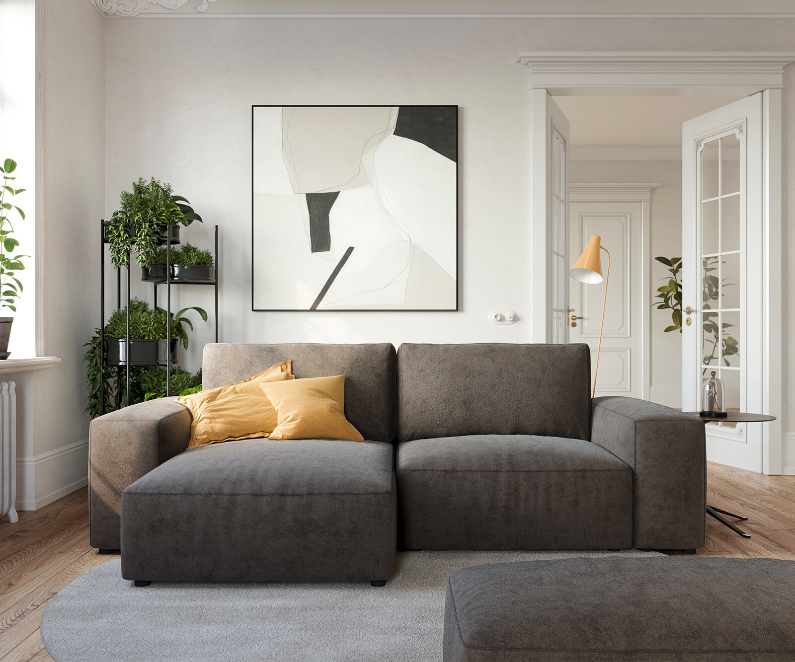 Sofa narożna Lanzo L 260x160 cm mikrofibra khaki brązowa szezlong z możliwością obustronnego montażu z pufem 1