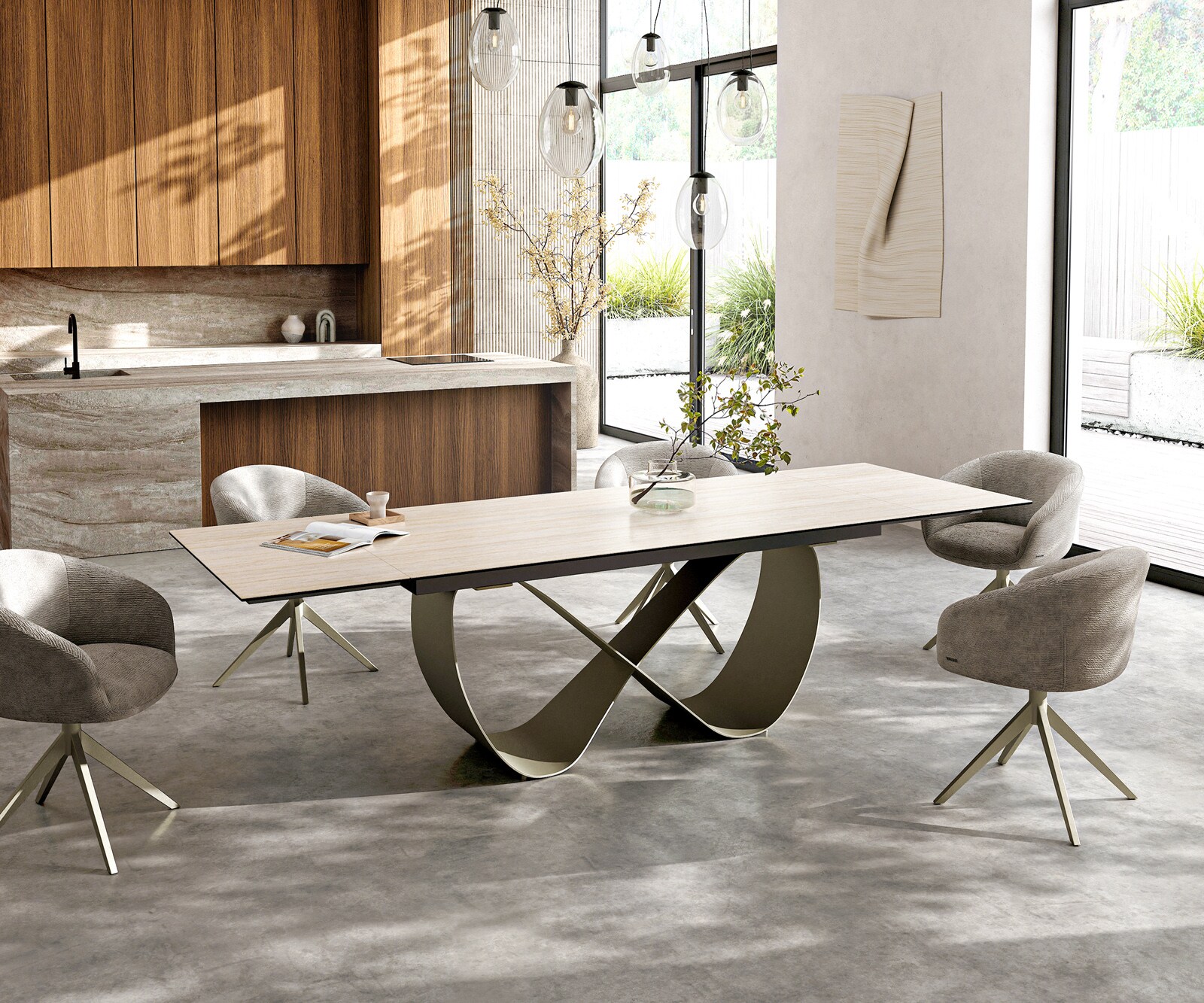 Stół do jadalni Edge 200-300x100cm ceramika Laminam® Travertino Bianco kremowo-biały rama Infinity metal kolor tytanowy rozkładany 6
