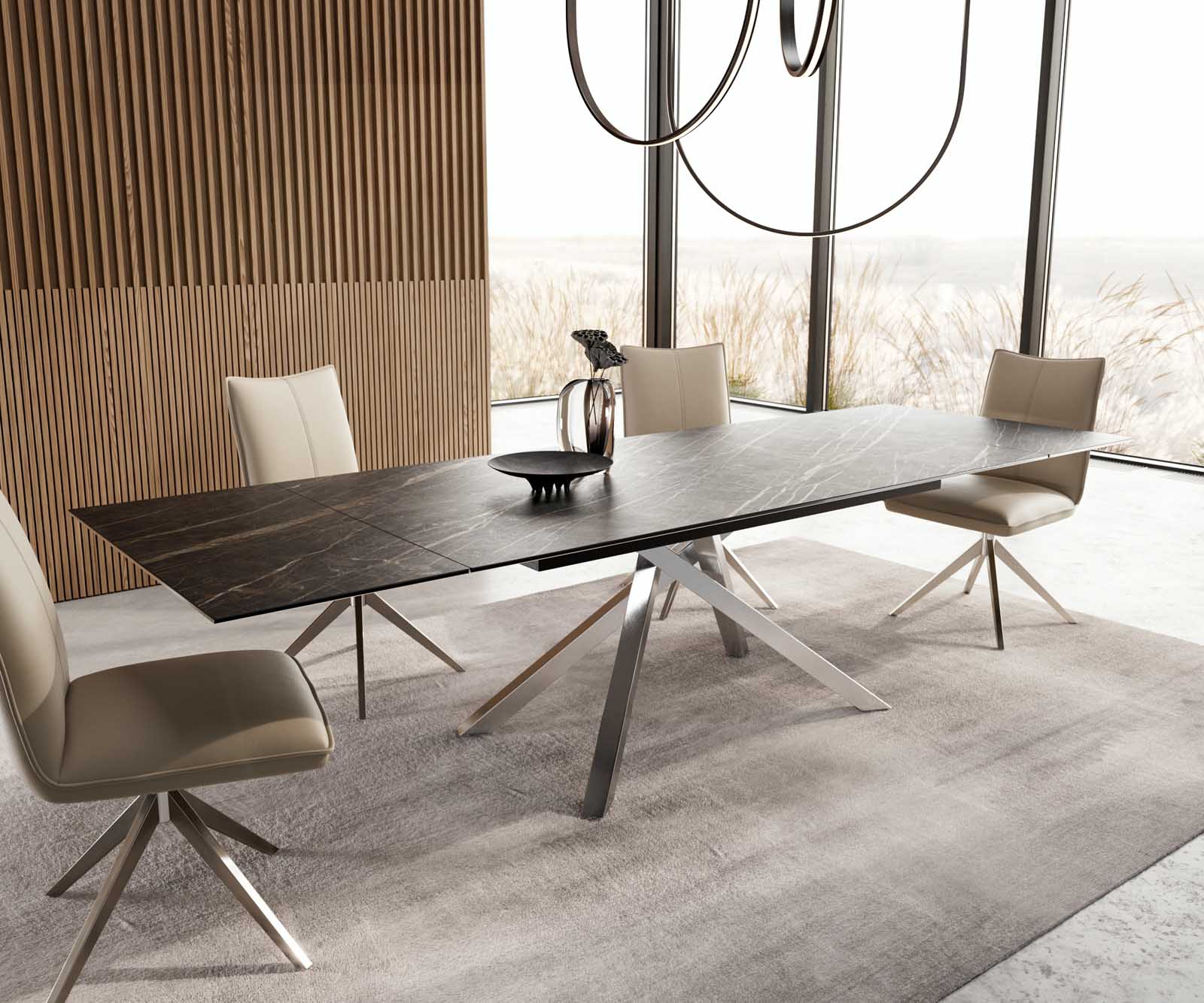 Stół do jadalni Edge 200-300x100 cm ceramika Laminam® Noir Desir brązowy rama Cross stal nierdzewna rozkładany 6